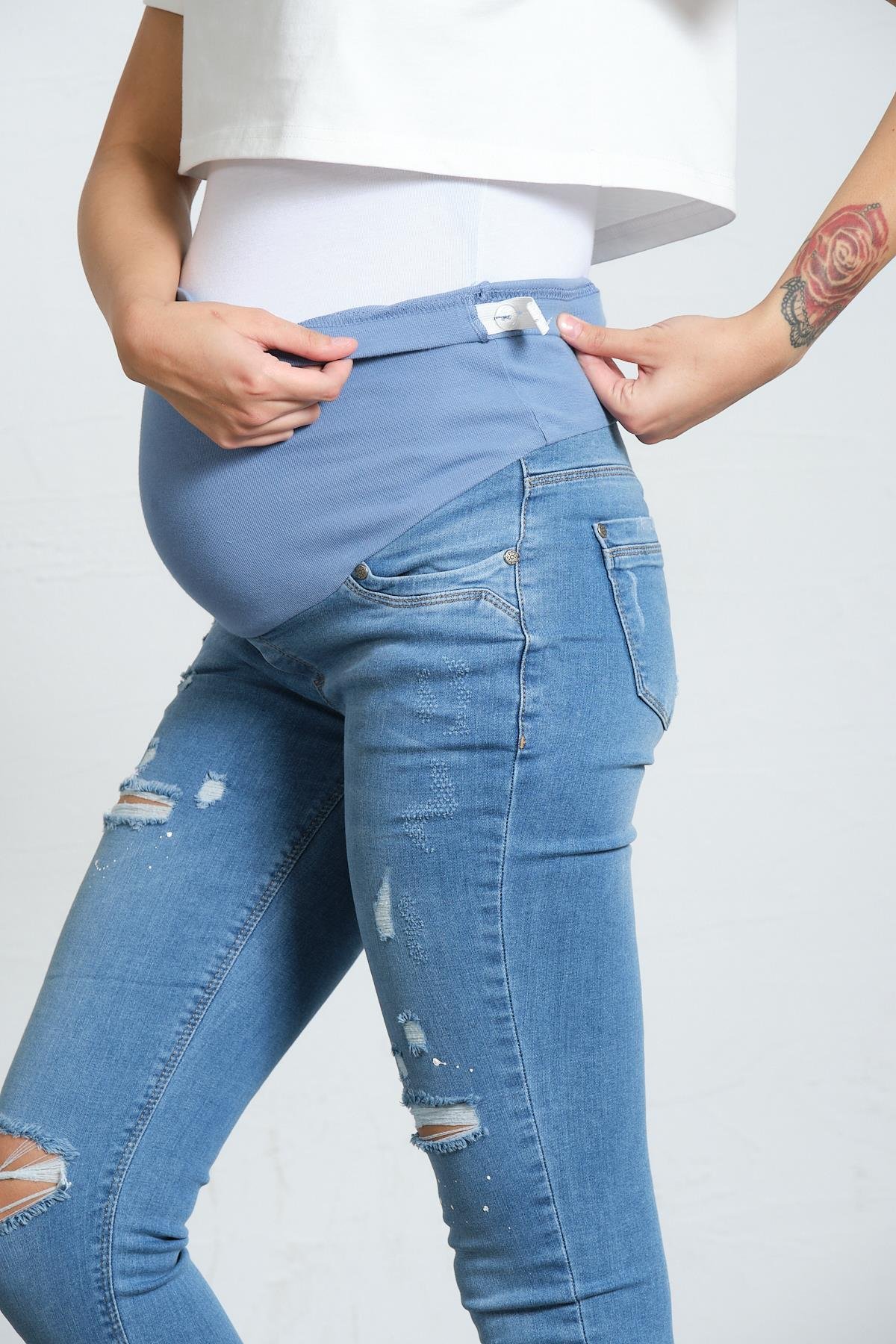 Busa Hamile Yırtık Skınny Model Jean Mavi