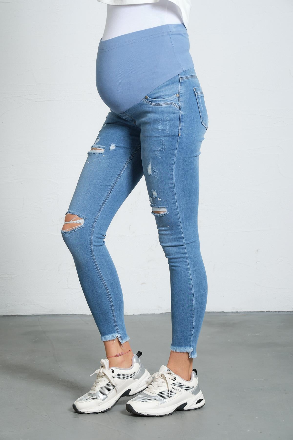 Busa Hamile Yırtık Skınny Model Jean Mavi