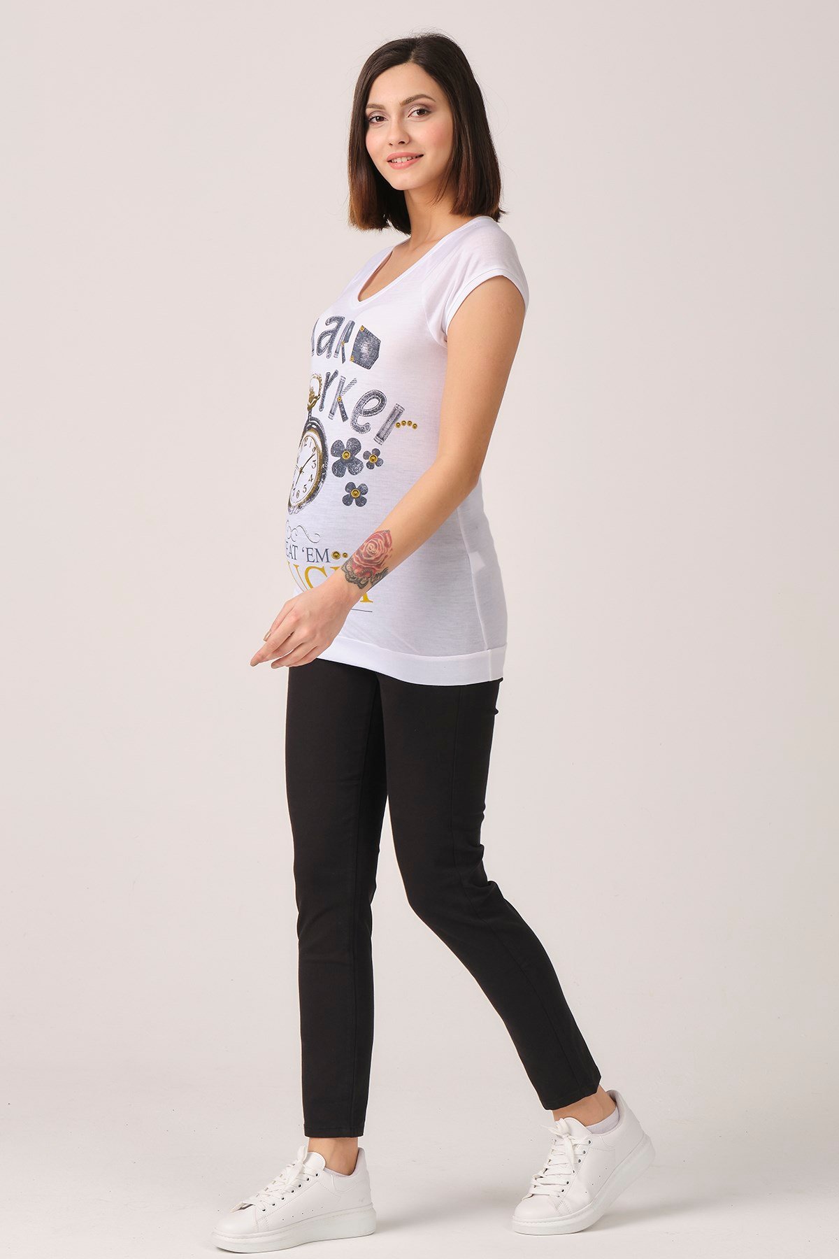 Hamile Body Baskılı Desenli Model Ekru