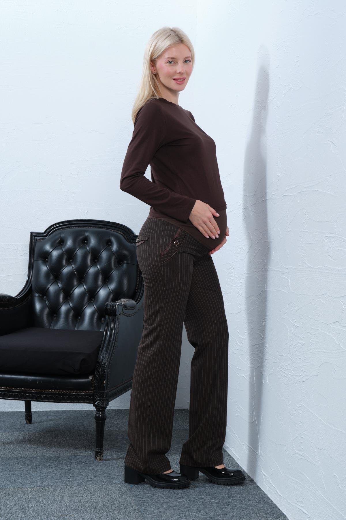 Hamile Gabardin Pantolon Çizgi Desenli KAHVERENGİ