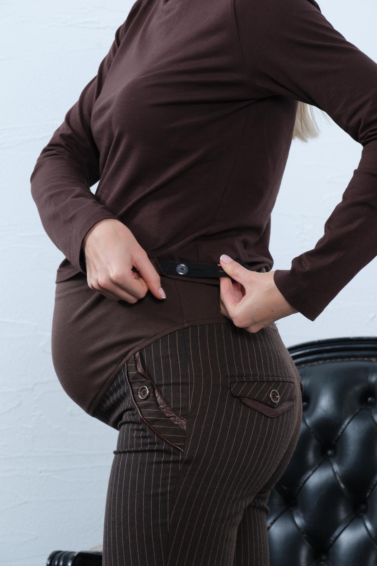 Hamile Gabardin Pantolon Çizgi Desenli KAHVERENGİ