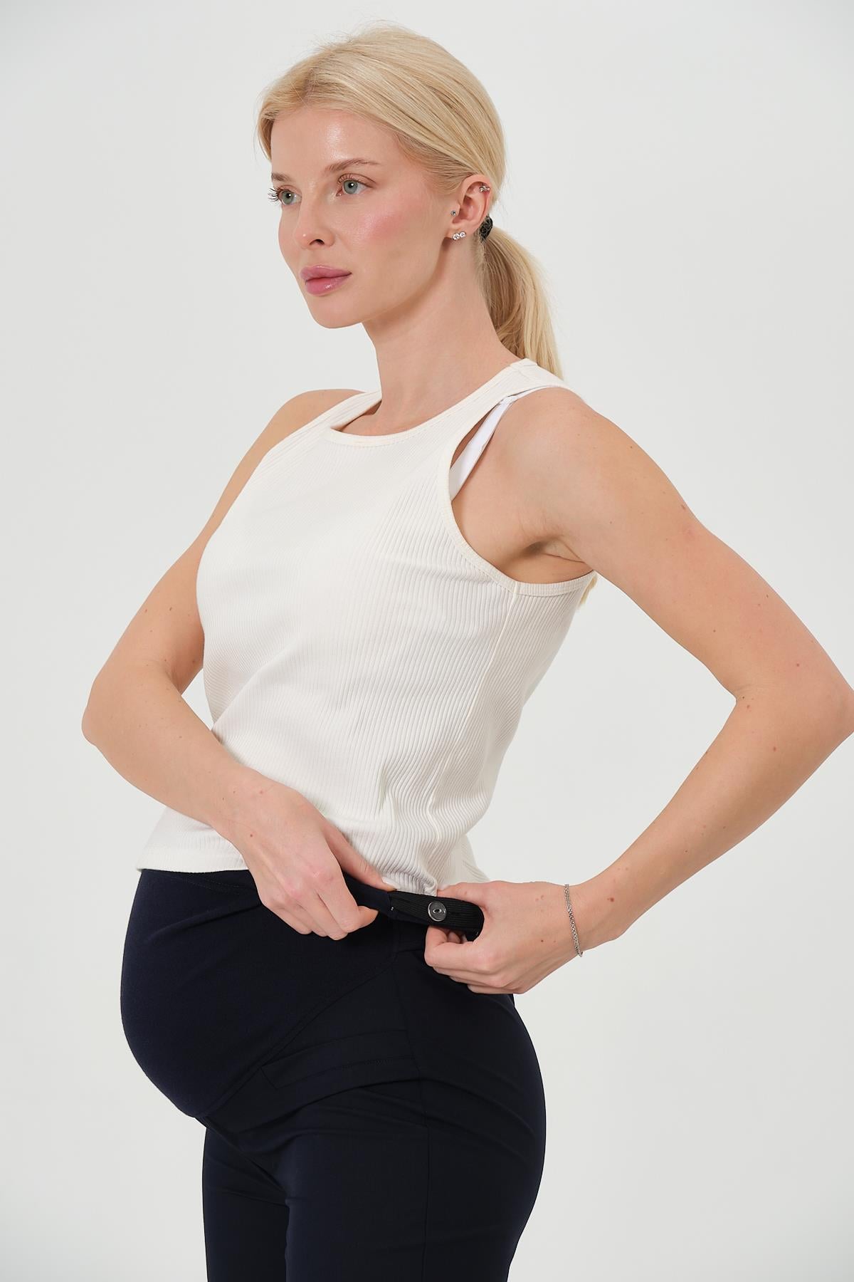 Hamile Gabardin Pantolon Ribanalı Düz Model Lacivert