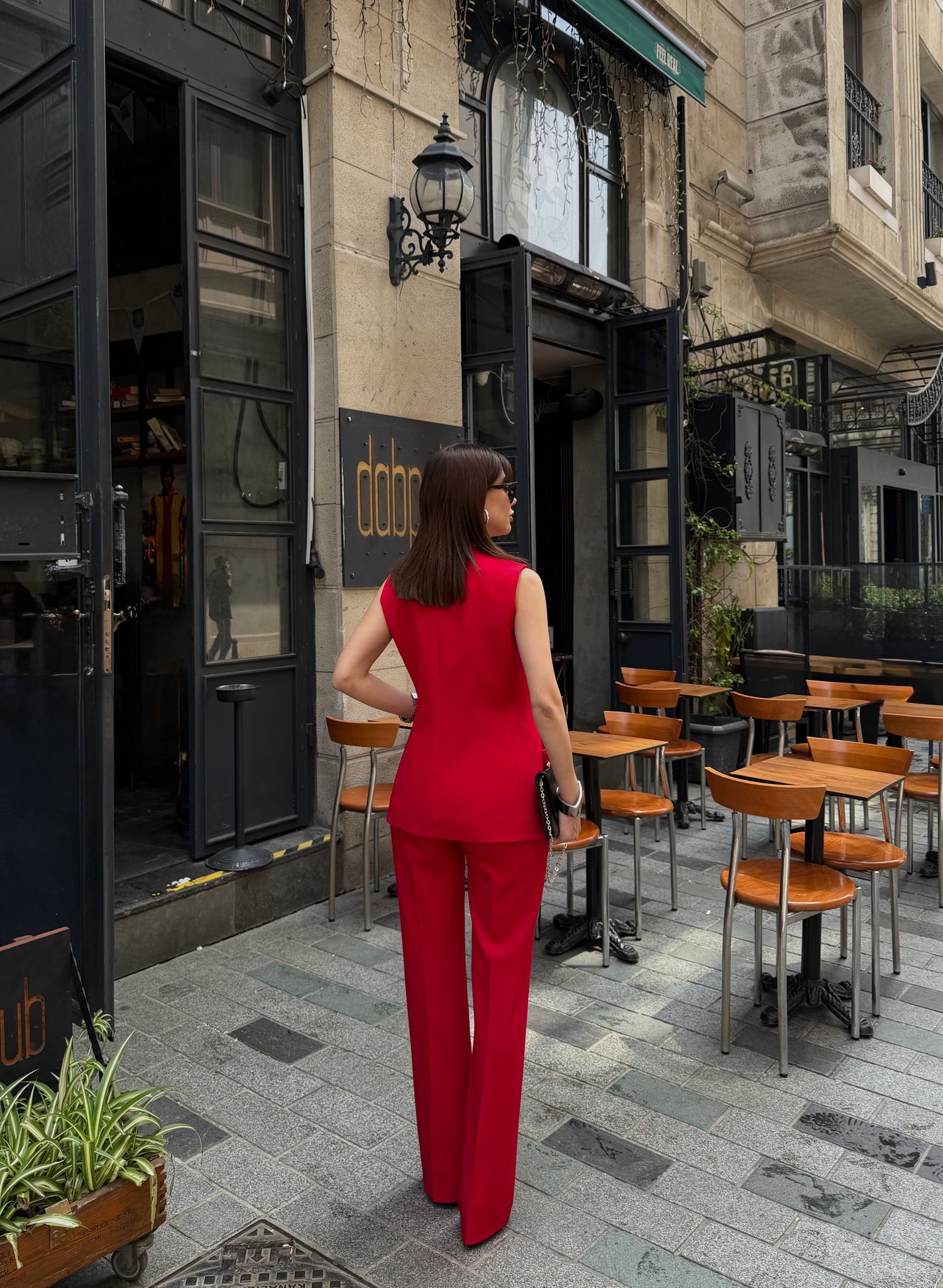 Dantel Detay Torba Cep Yelek Takım Kırmızı