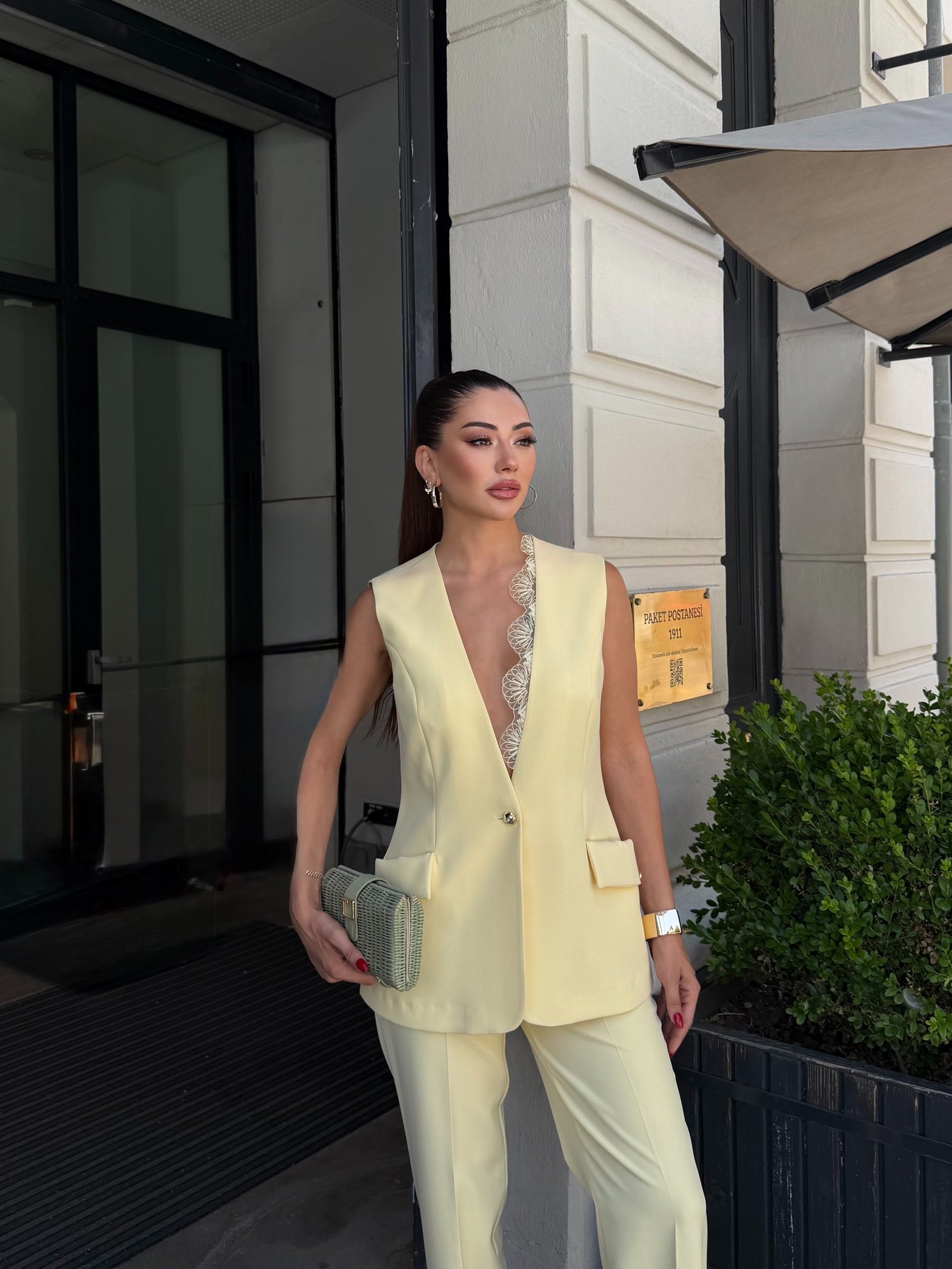Dantel Detay Torba Cep Yelek Takım Limon