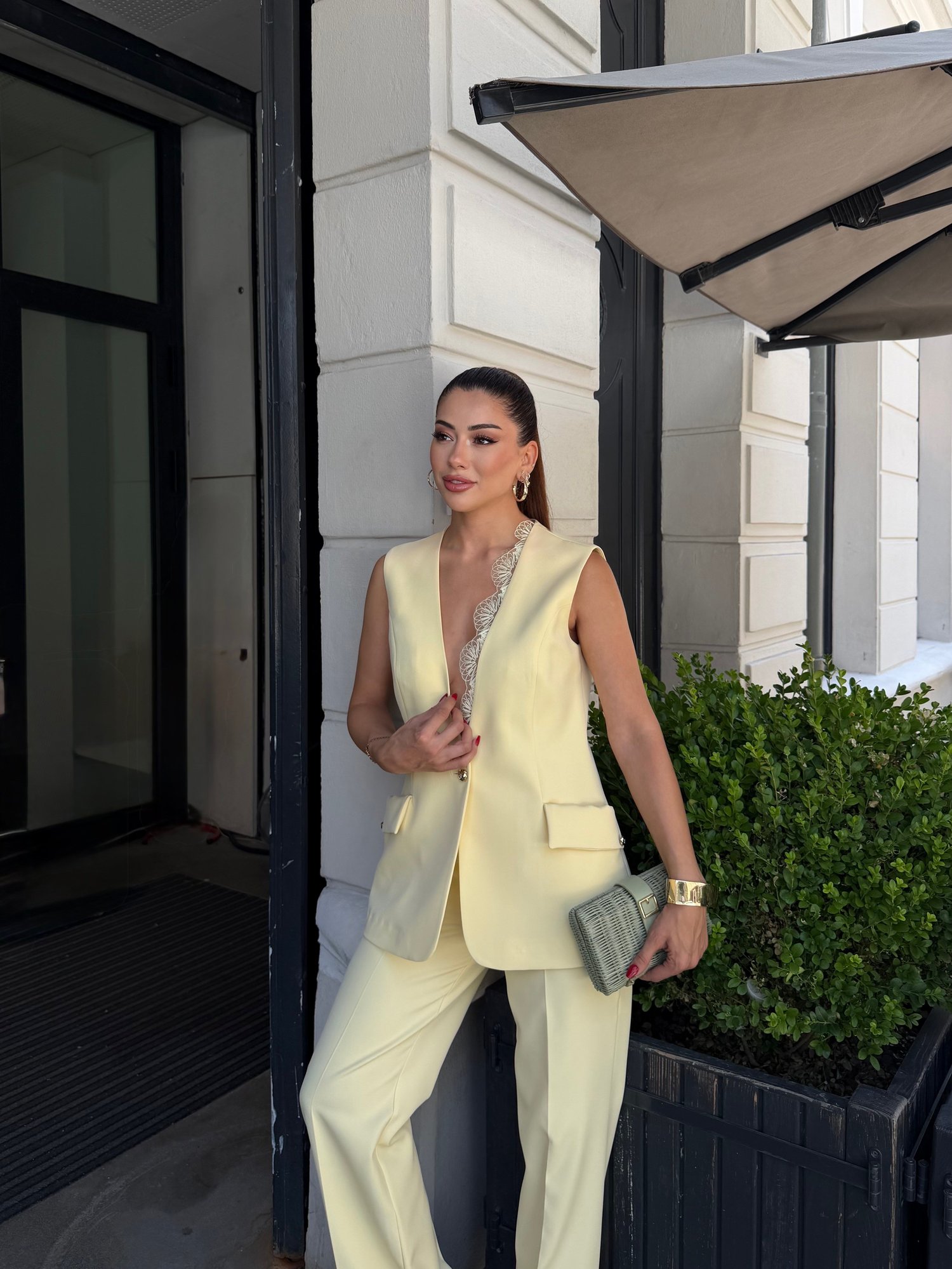 Dantel Detay Torba Cep Yelek Takım Limon