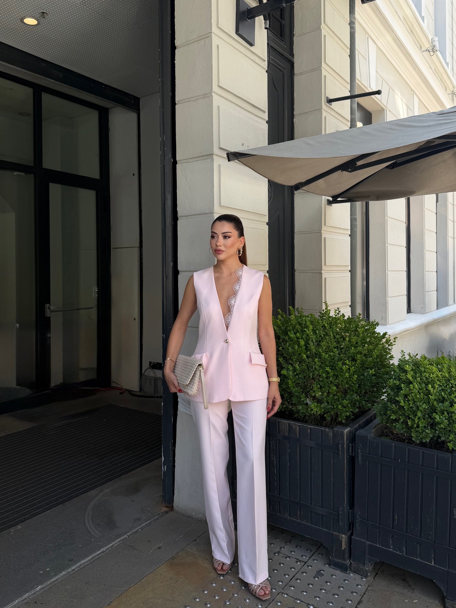 Dantel Detay Torba Cep Yelek Takım Pembe