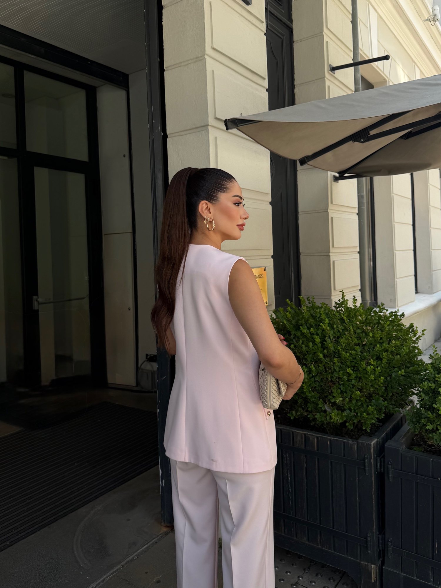 Dantel Detay Torba Cep Yelek Takım Pembe