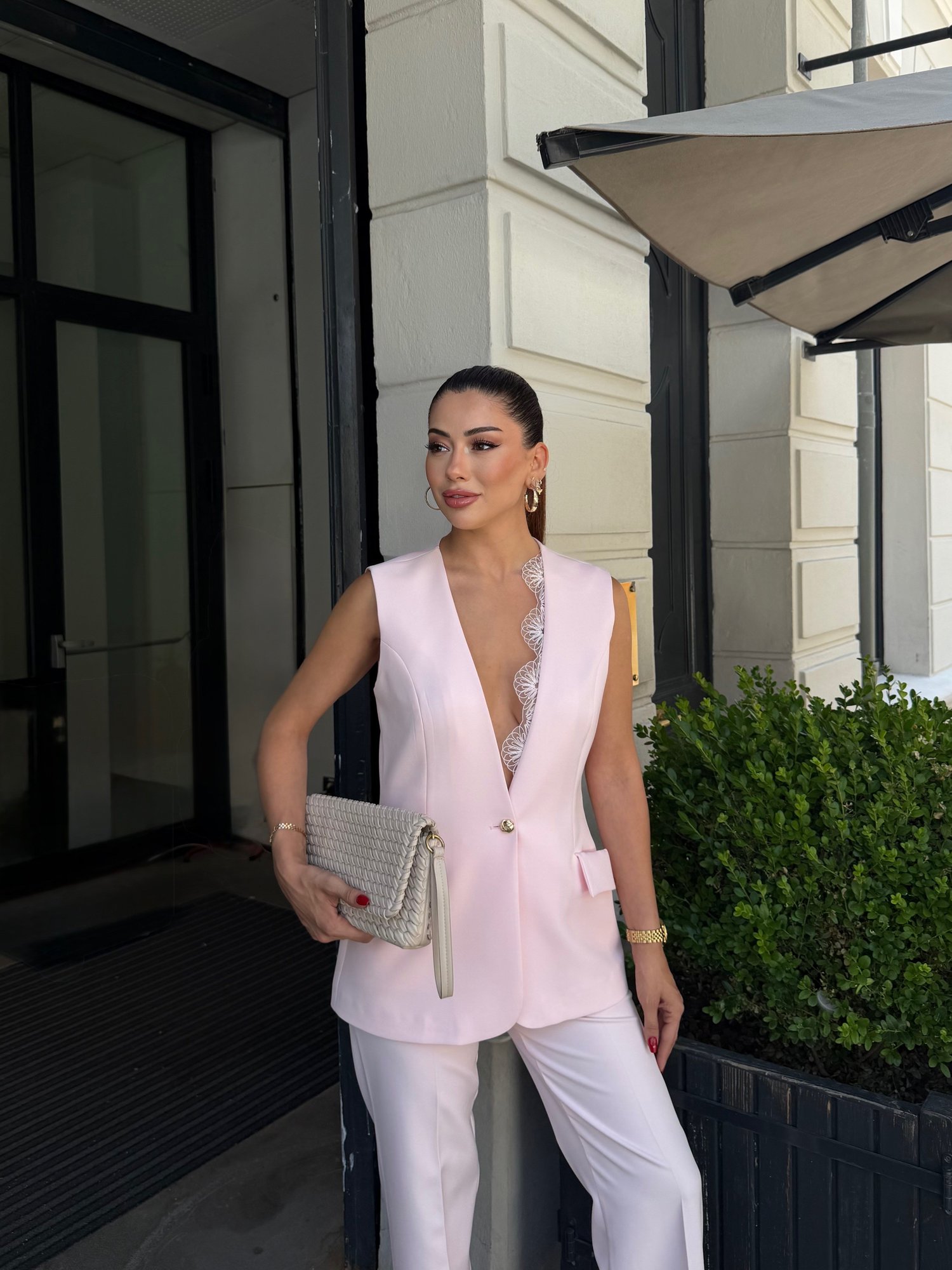 Dantel Detay Torba Cep Yelek Takım Pembe