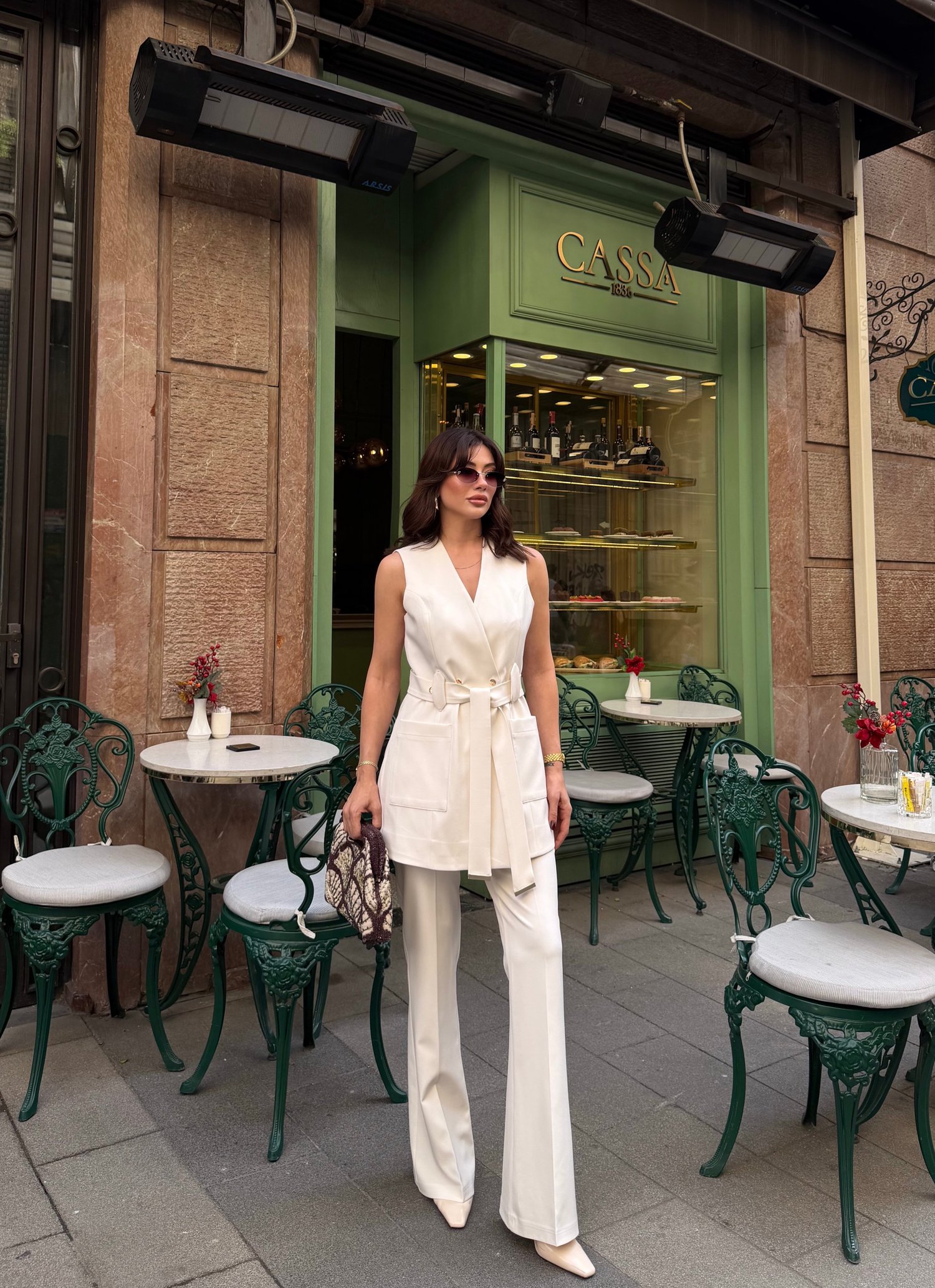 Kuşaklı Torba Cep Yelek Takım Ekru