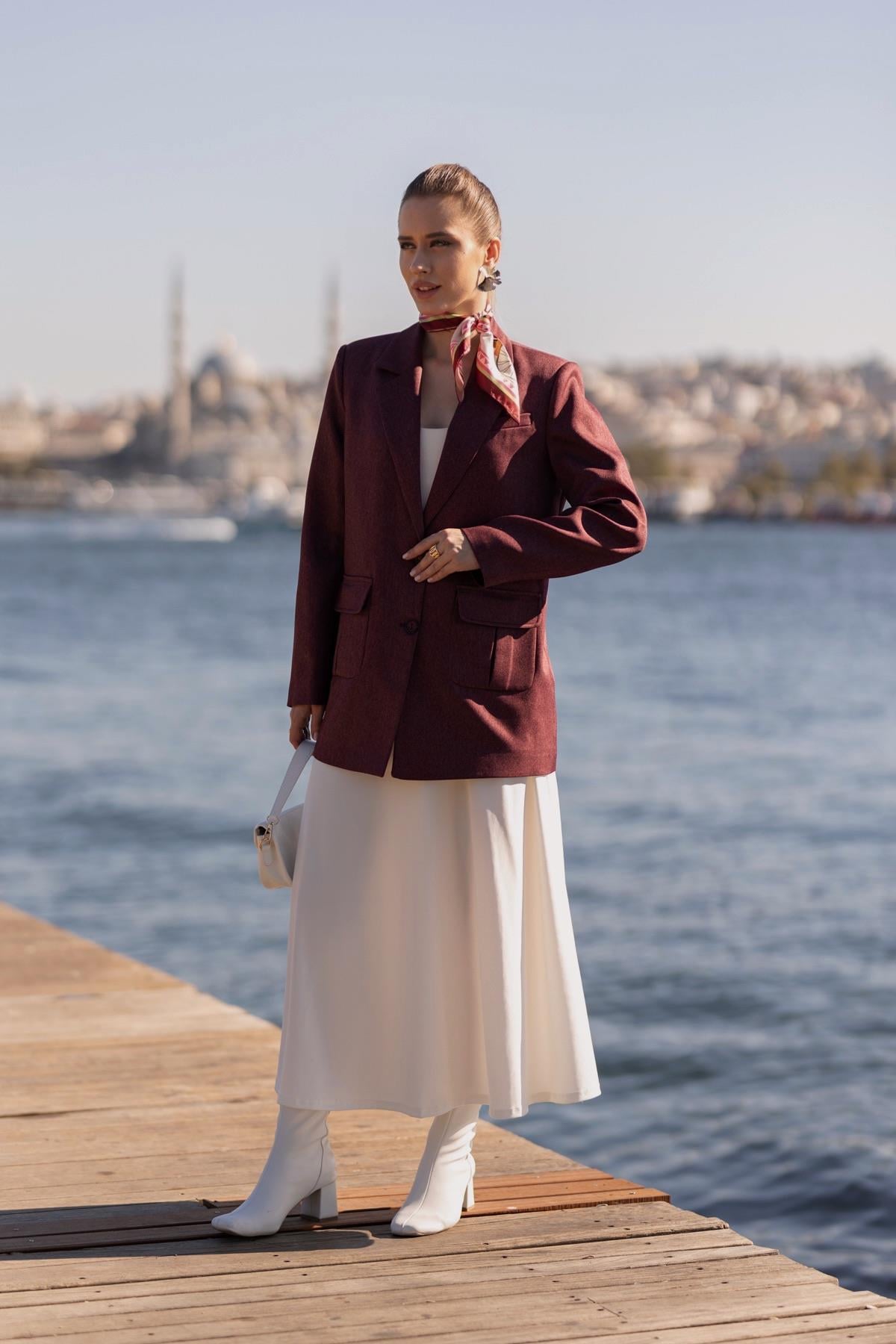 Torba Cepli İki Düğmeli Yünefekt Ceket Mürdüm
