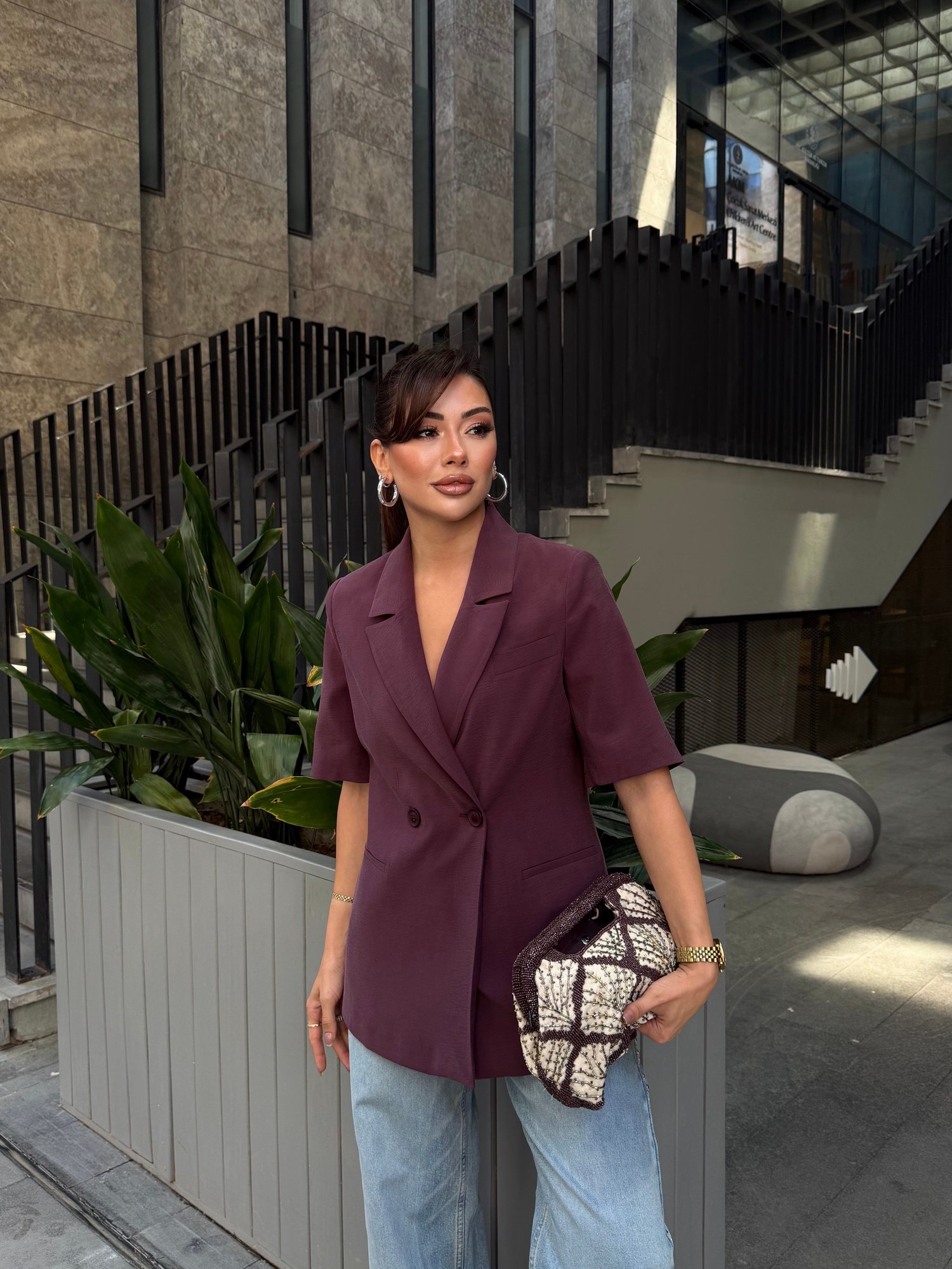 Yarım Kol Kruvaze Modal Ceket Bordo