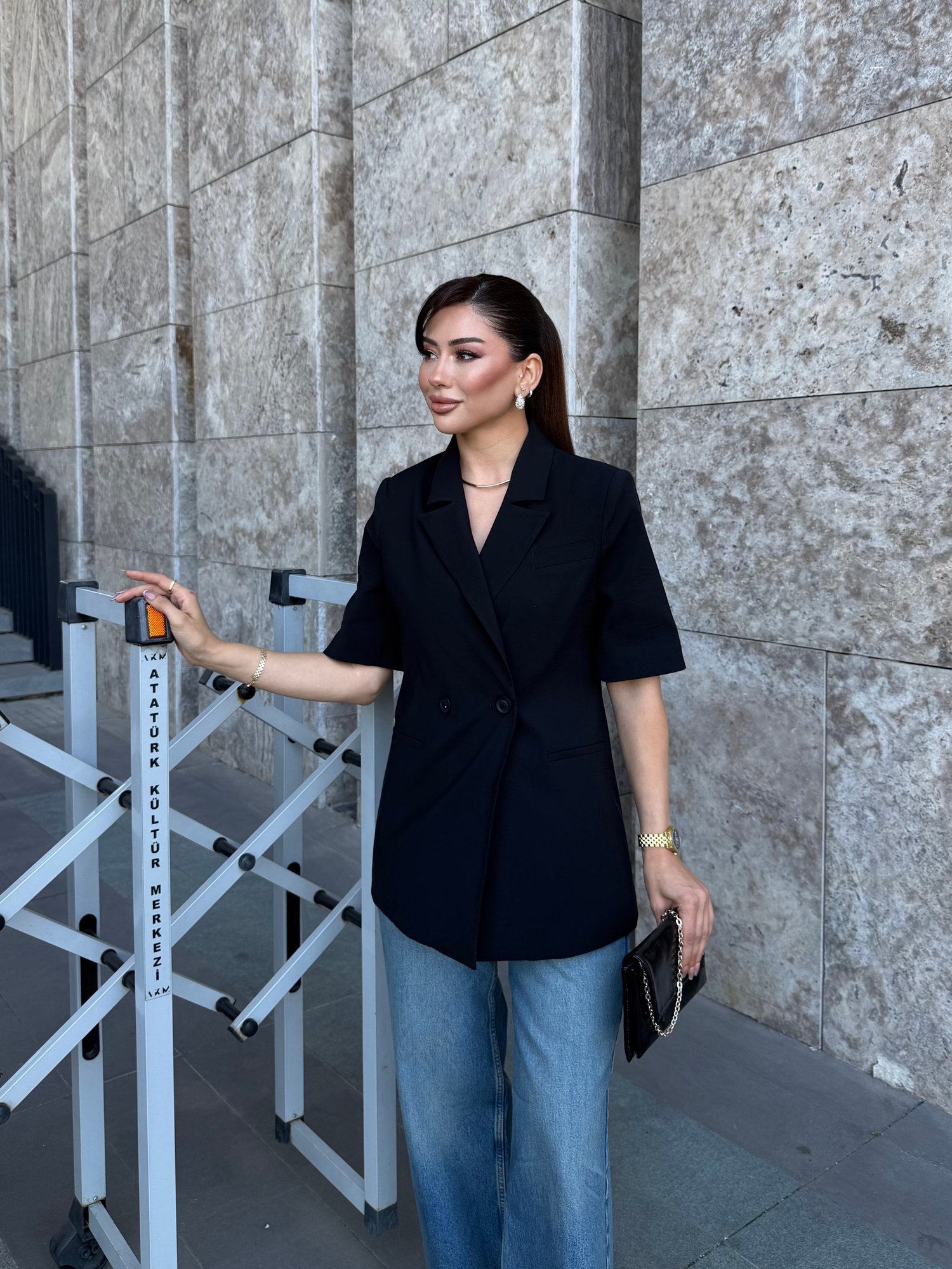 Yarım Kol Kruvaze Modal Ceket Siyah