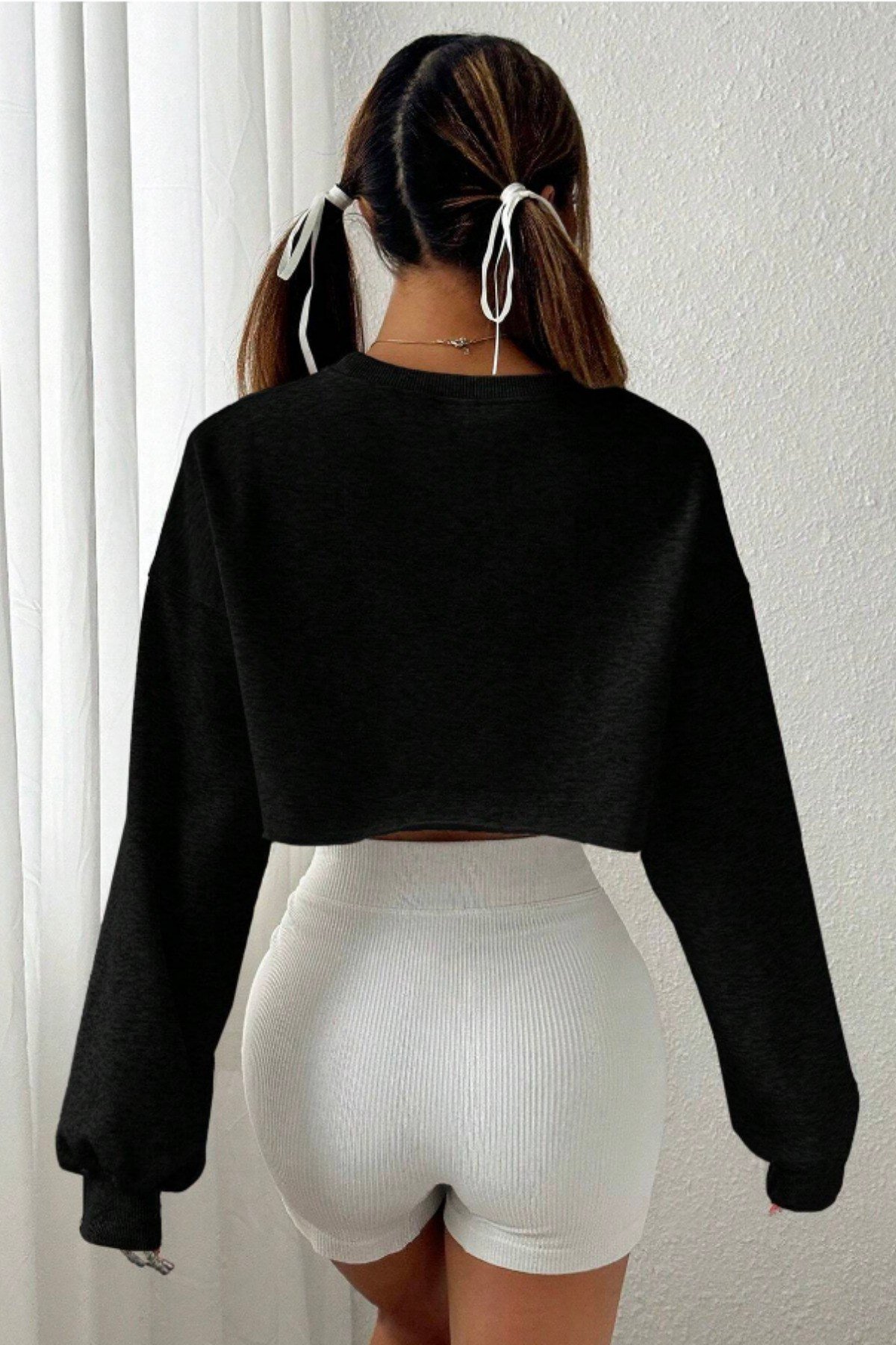 BLUE STREETCropBCROPSWK025R01Kadın Oversize Crop Bisiklet Yaka Şardonlu Sweatshirt