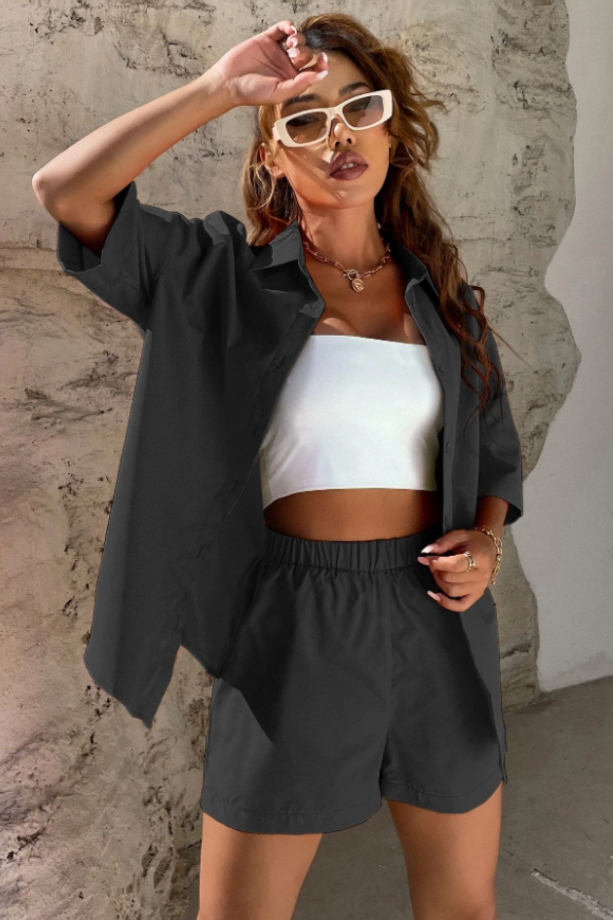 COOL TARZAlt - Üst TakımTC-YNZ-026-Beyaz-LKadın Oversize Gömlek Şort Takım Yazlık 2’li Kombin Rahat Kesim