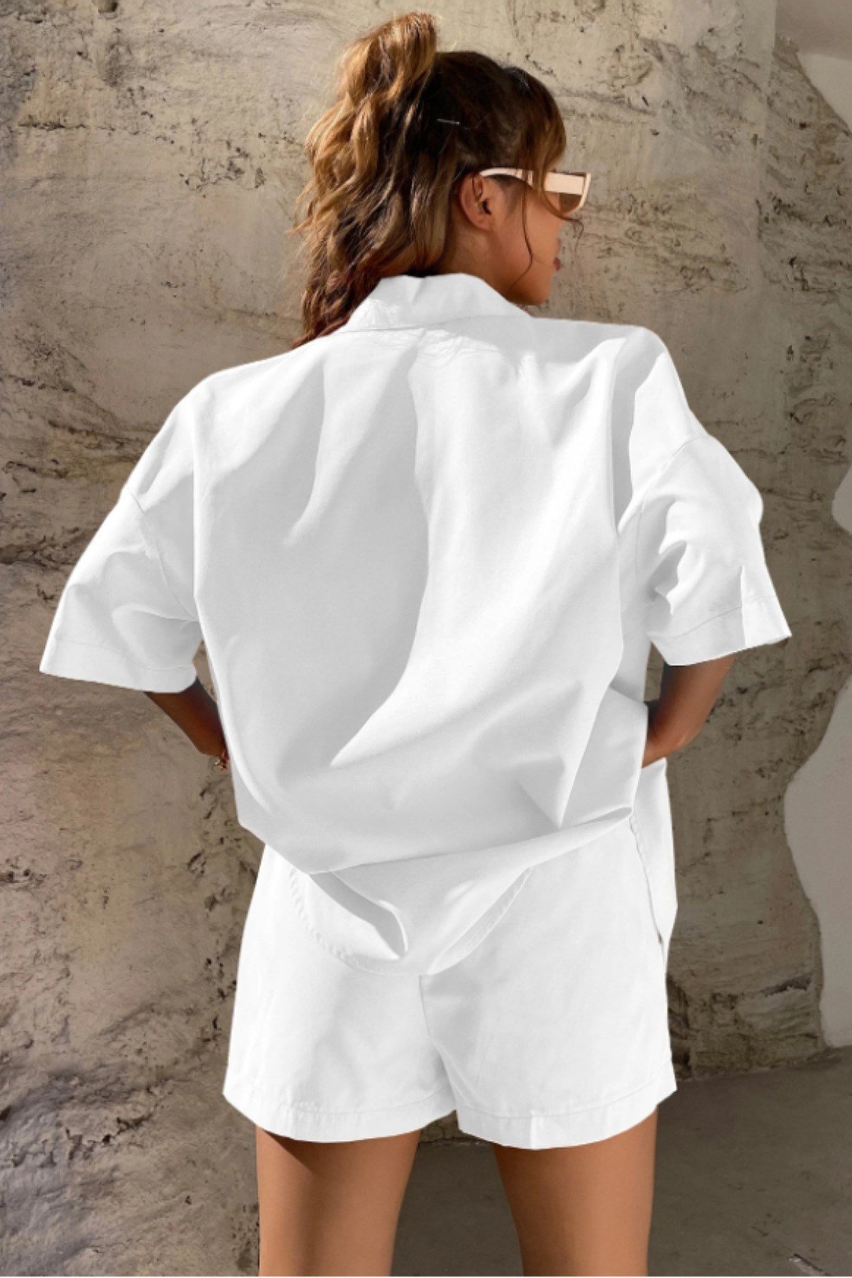COOL TARZAlt - Üst TakımTC-YNZ-026-Beyaz-LKadın Oversize Gömlek Şort Takım Yazlık 2’li Kombin Rahat Kesim