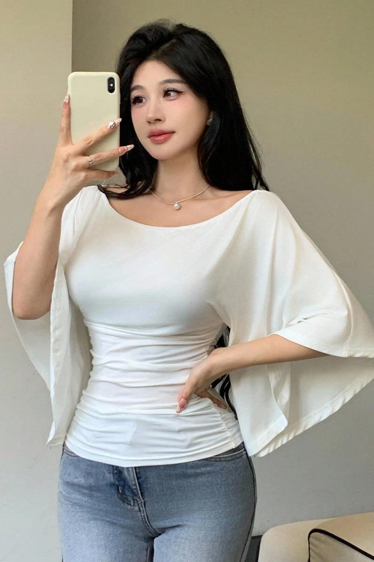 COOL TARZBluzKDNFLAREKL010-HKİ-SKadın Kayık Yaka Flare Kol Drapeli Fit Bluz