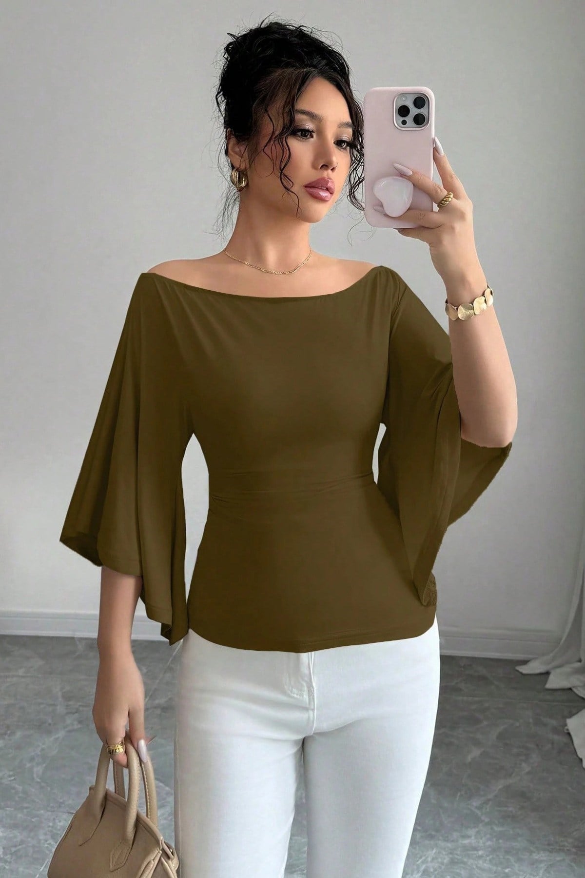 COOL TARZBluzKDNFLAREKL010-HKİ-SKadın Kayık Yaka Flare Kol Drapeli Fit Bluz