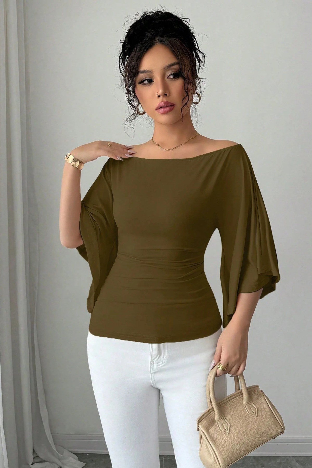 COOL TARZBluzKDNFLAREKL010-HKİ-SKadın Kayık Yaka Flare Kol Drapeli Fit Bluz