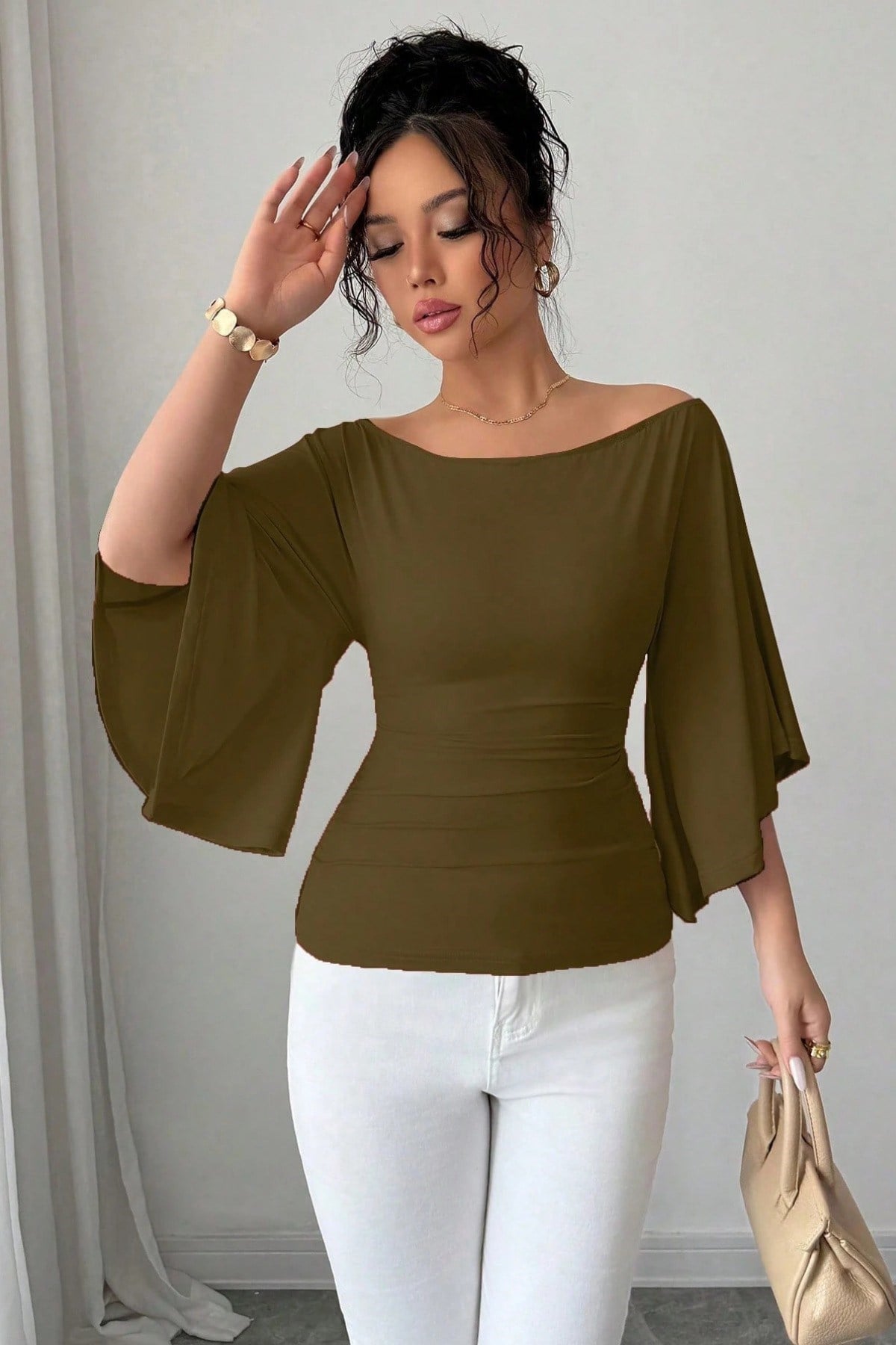 COOL TARZBluzKDNFLAREKL010-HKİ-SKadın Kayık Yaka Flare Kol Drapeli Fit Bluz
