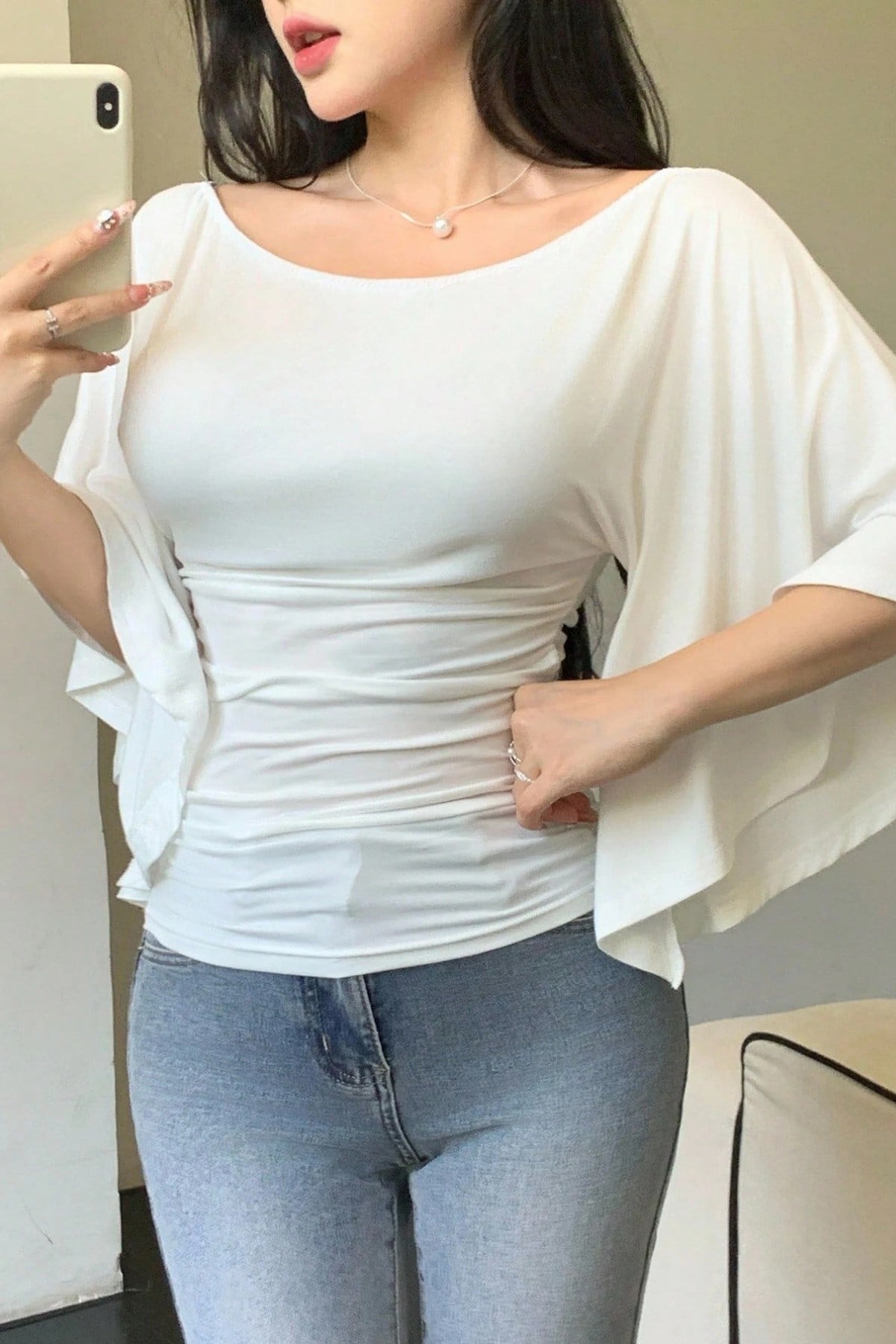 COOL TARZBluzKDNFLAREKL010-HKİ-SKadın Kayık Yaka Flare Kol Drapeli Fit Bluz