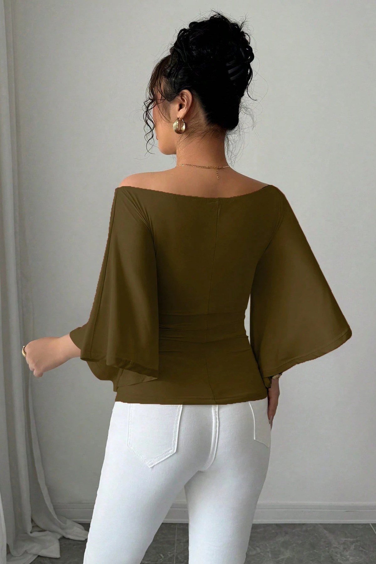 COOL TARZBluzKDNFLAREKL010-HKİ-SKadın Kayık Yaka Flare Kol Drapeli Fit Bluz