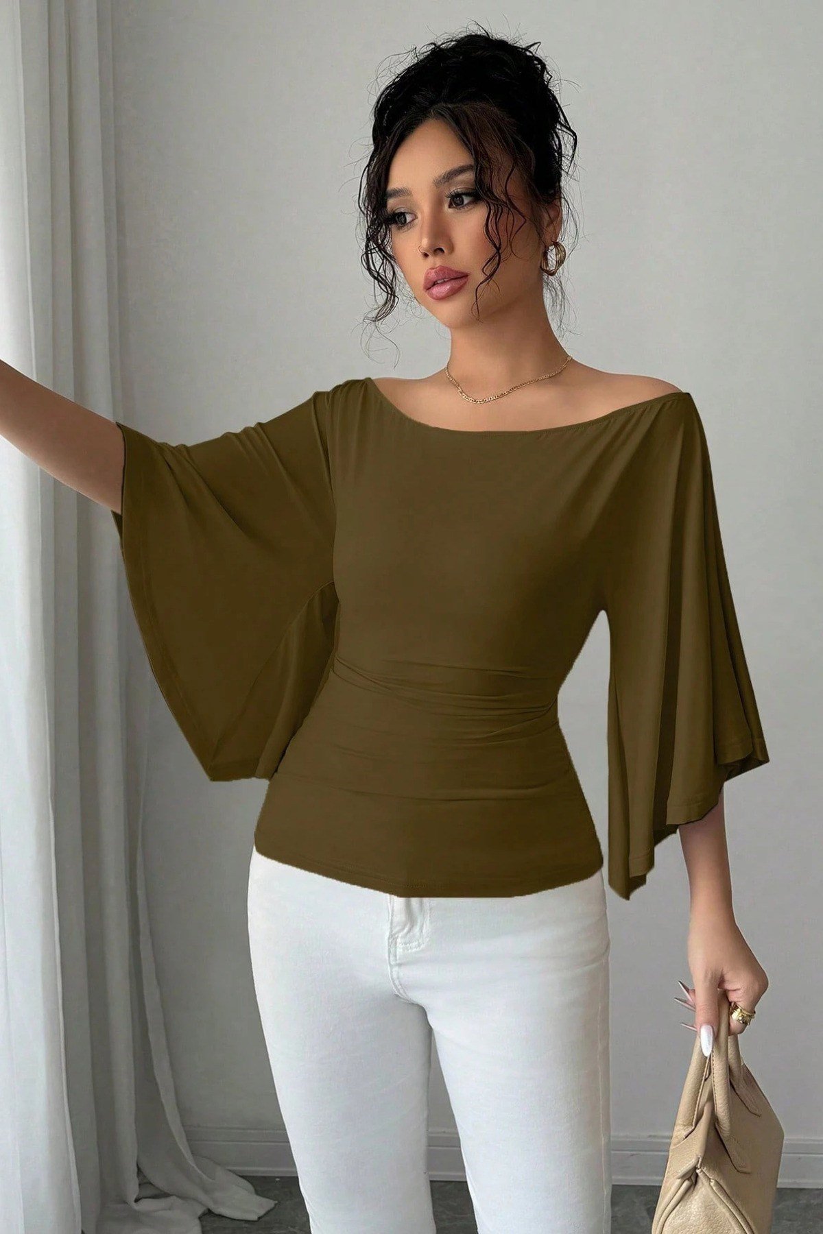 COOL TARZBluzKDNFLAREKL010-HKİ-SKadın Kayık Yaka Flare Kol Drapeli Fit Bluz