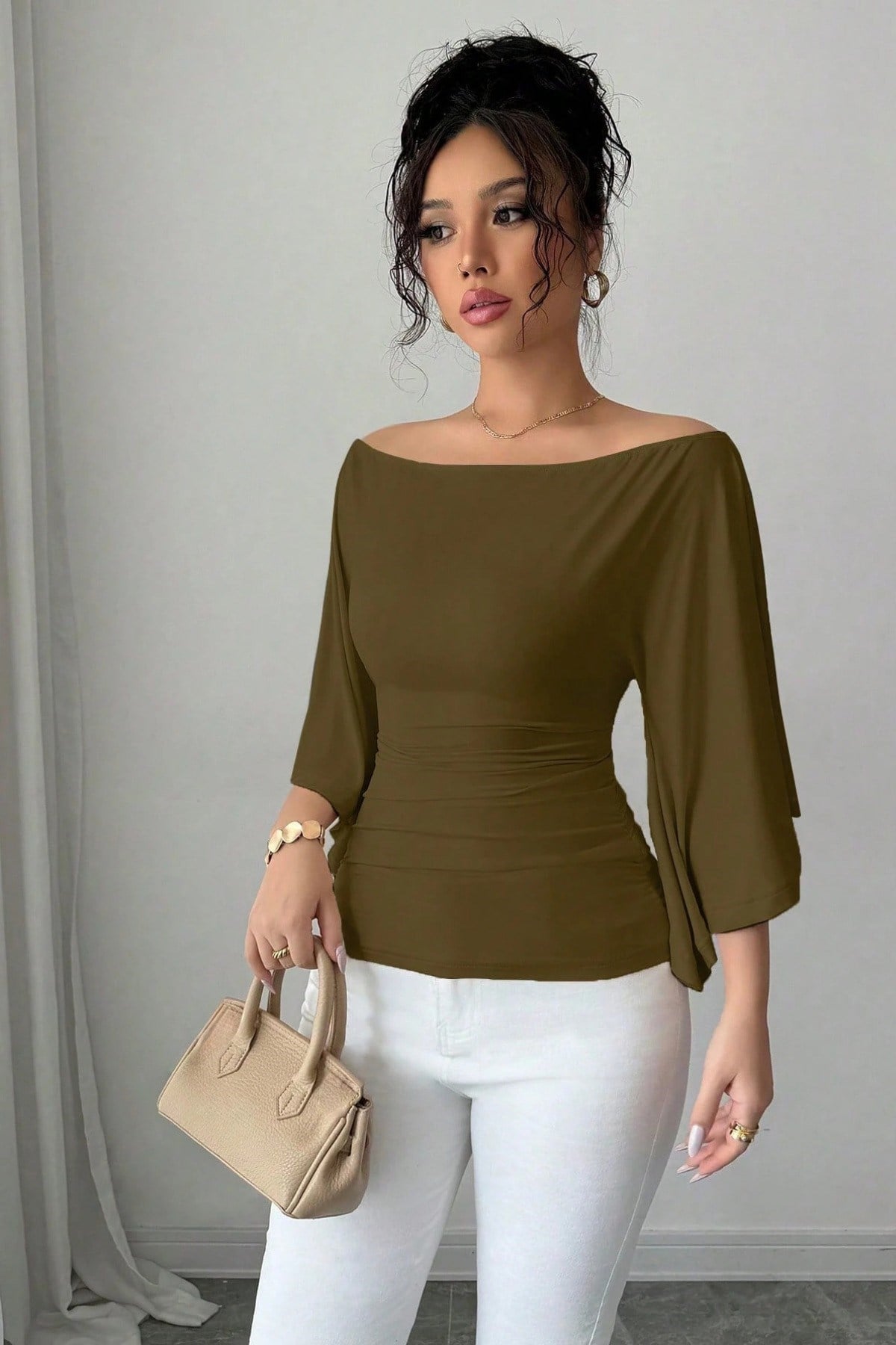COOL TARZBluzKDNFLAREKL010-HKİ-SKadın Kayık Yaka Flare Kol Drapeli Fit Bluz