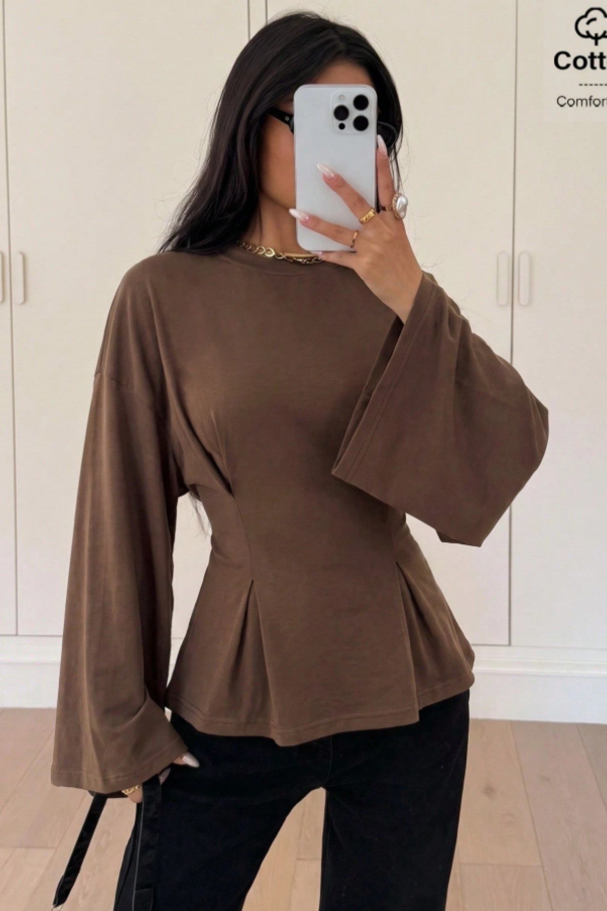COOL TARZBluzPEPLUMPLT026-Haki-XLKadın Pilet Bel Oturtmalı Peplum Detaylı Uzun Kollu Bluz