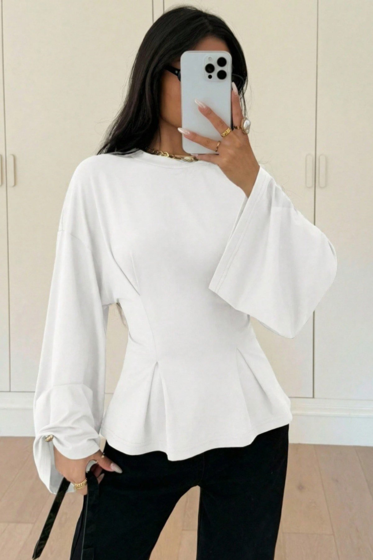 COOL TARZBluzPEPLUMPLT026-Haki-XLKadın Pilet Bel Oturtmalı Peplum Detaylı Uzun Kollu Bluz