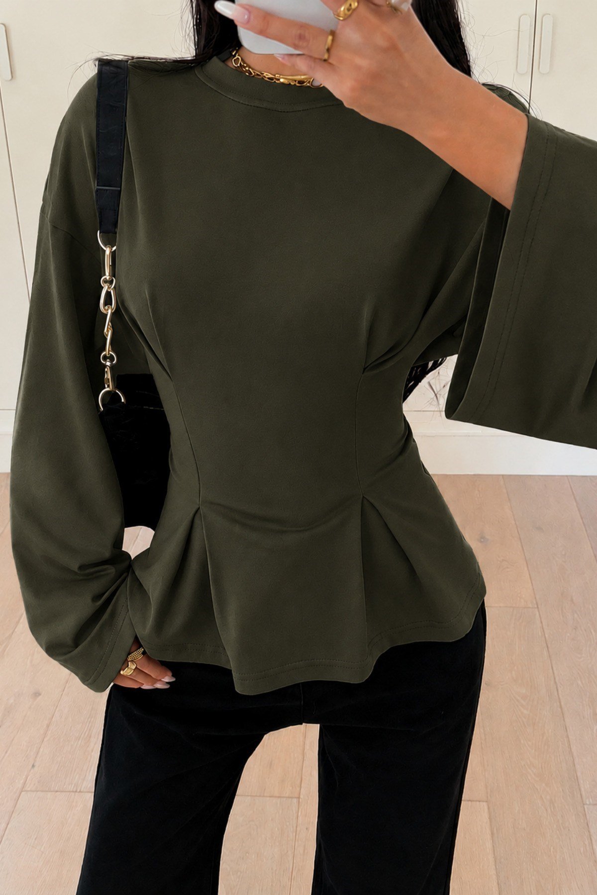COOL TARZBluzPEPLUMPLT026-Haki-XLKadın Pilet Bel Oturtmalı Peplum Detaylı Uzun Kollu Bluz