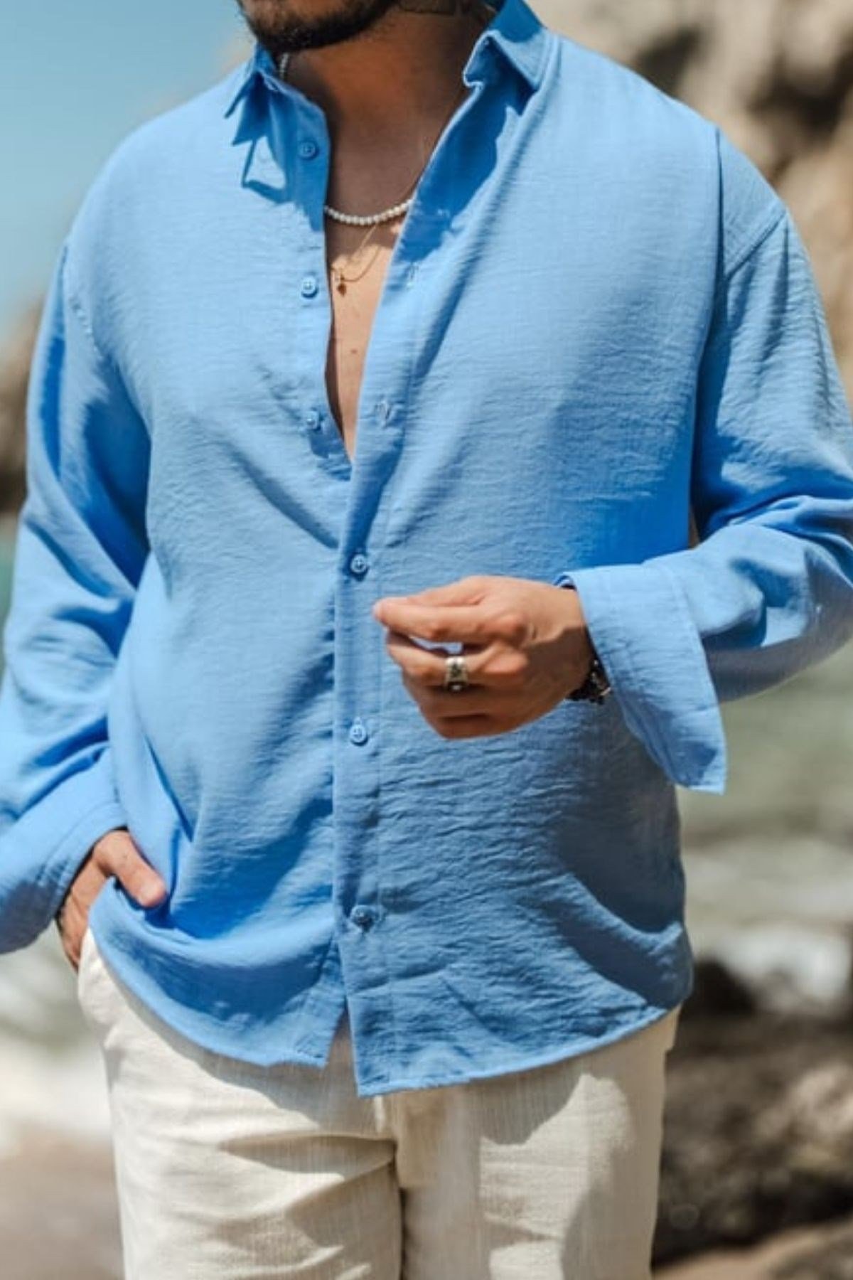 COOL TARZGömlekGMLK722211R05-1Erkek Uzun Kollu Gömlek Yaka Keten Oversize Gömlek