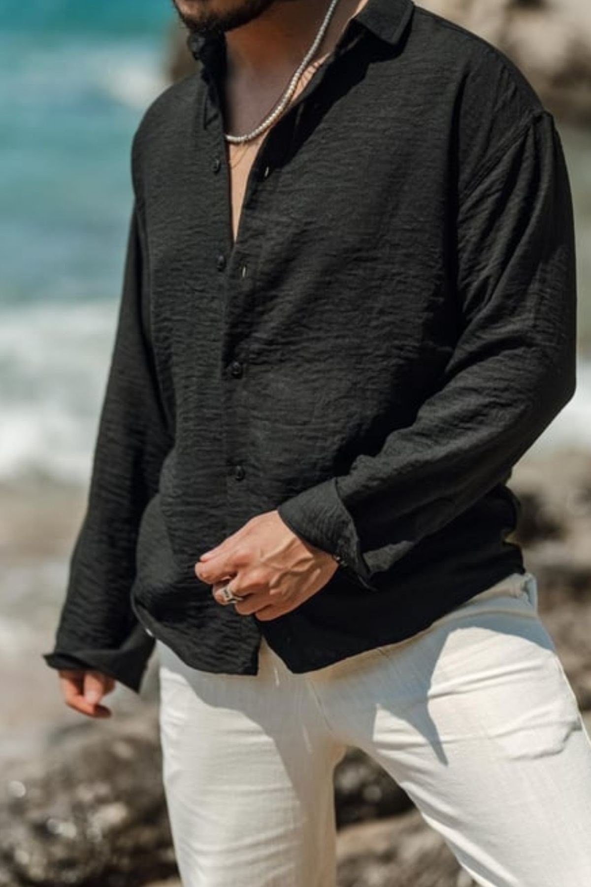 COOL TARZGömlekGMLK722211R05-1Erkek Uzun Kollu Gömlek Yaka Keten Oversize Gömlek