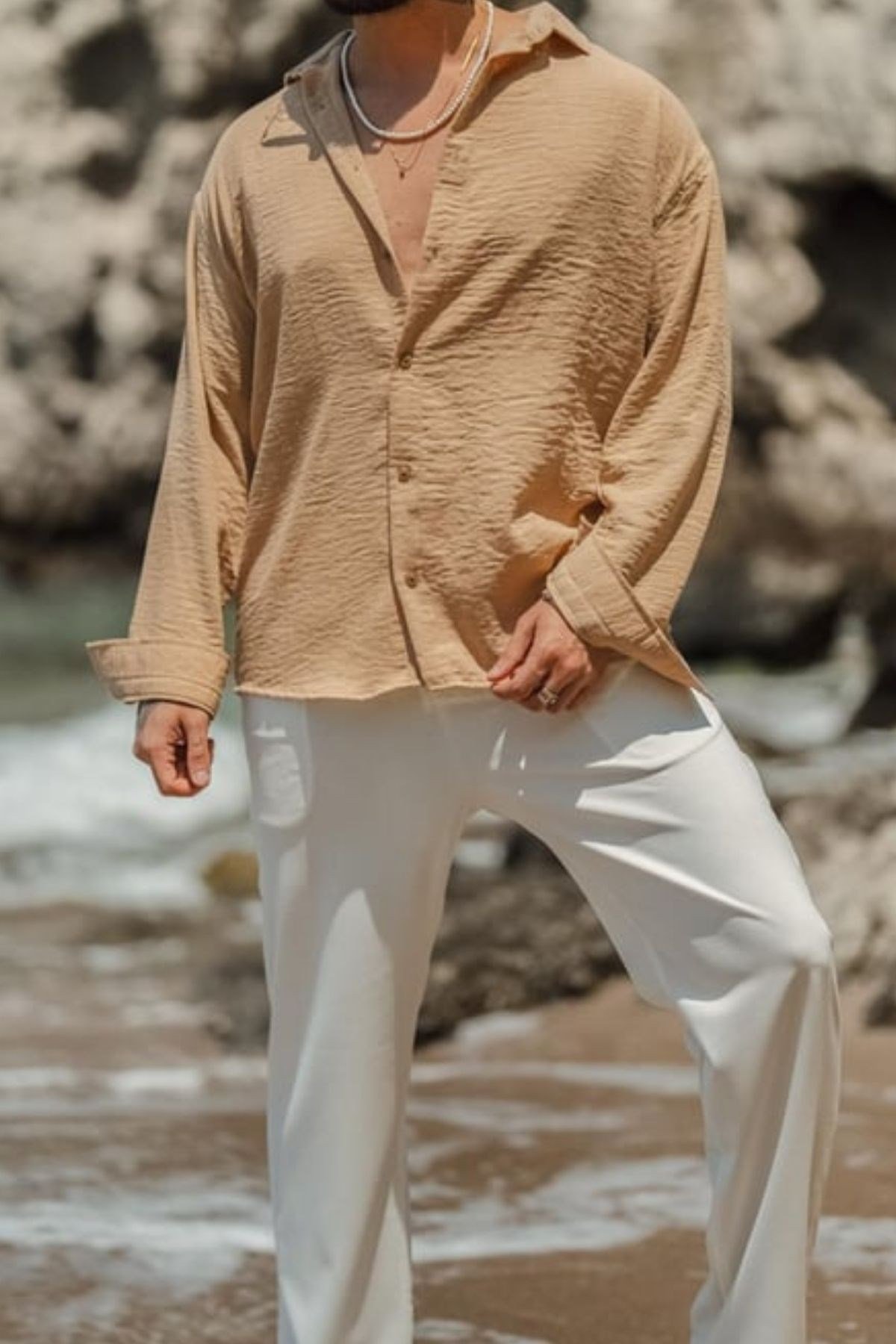 COOL TARZGömlekGMLK722211R05-1Erkek Uzun Kollu Gömlek Yaka Keten Oversize Gömlek