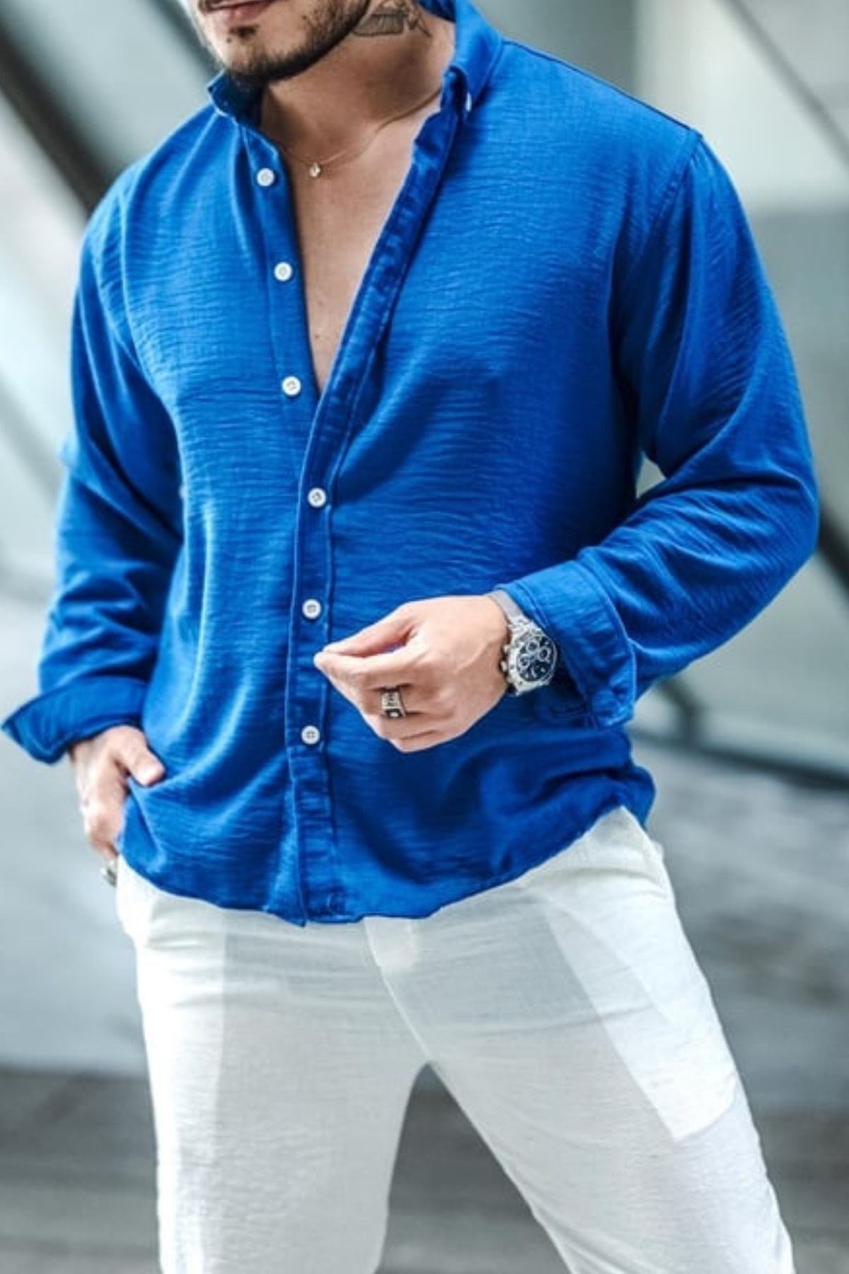 COOL TARZGömlekGMLK722211R05-1Erkek Uzun Kollu Gömlek Yaka Keten Oversize Gömlek