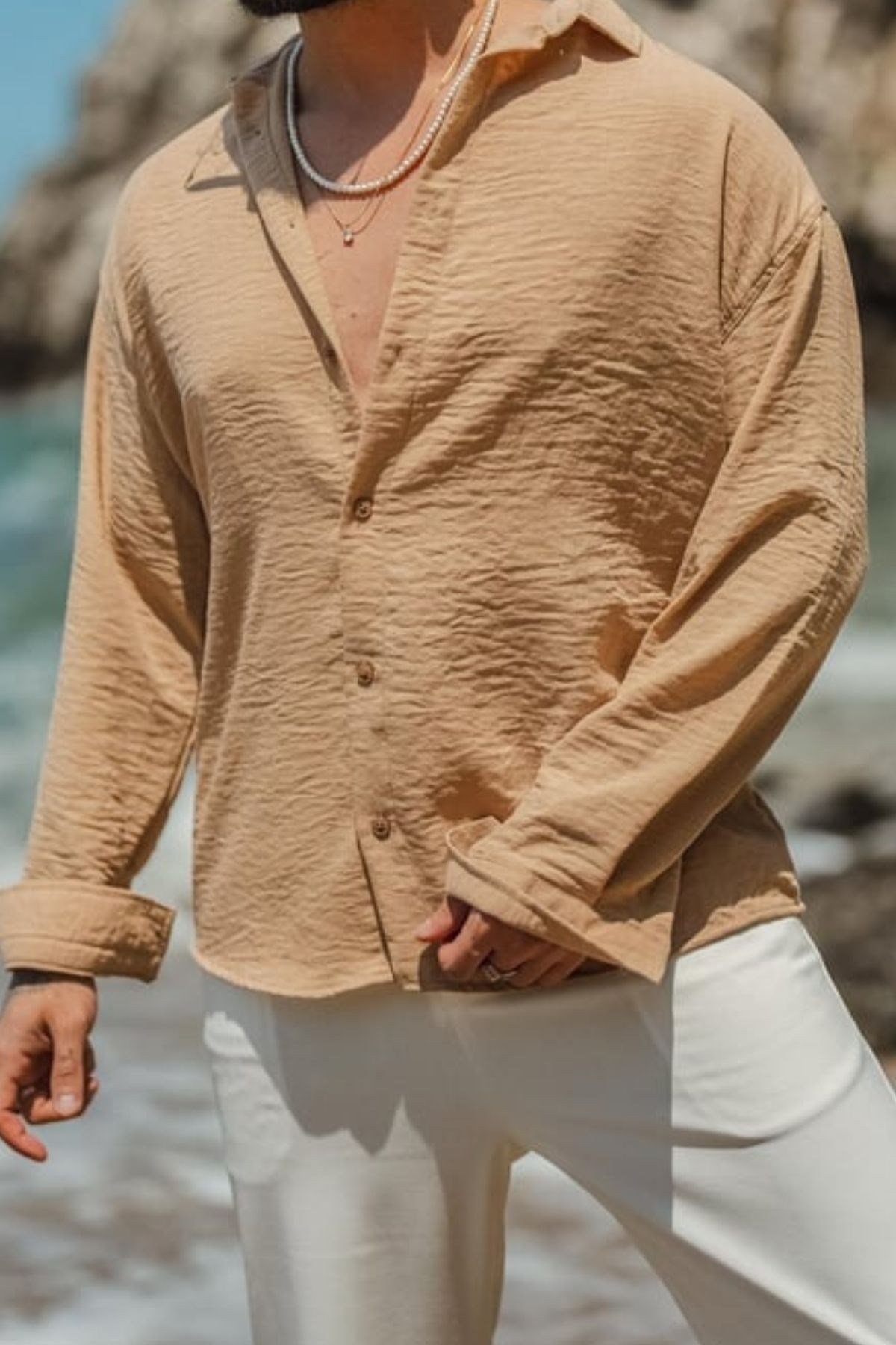 COOL TARZGömlekGMLK722211R05-1Erkek Uzun Kollu Gömlek Yaka Keten Oversize Gömlek