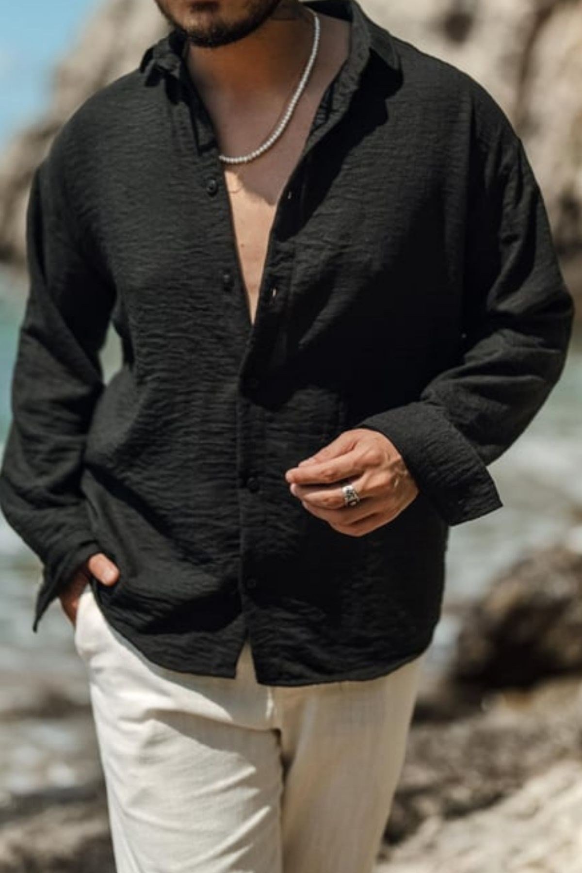 COOL TARZGömlekGMLK722211R05-1Erkek Uzun Kollu Gömlek Yaka Keten Oversize Gömlek