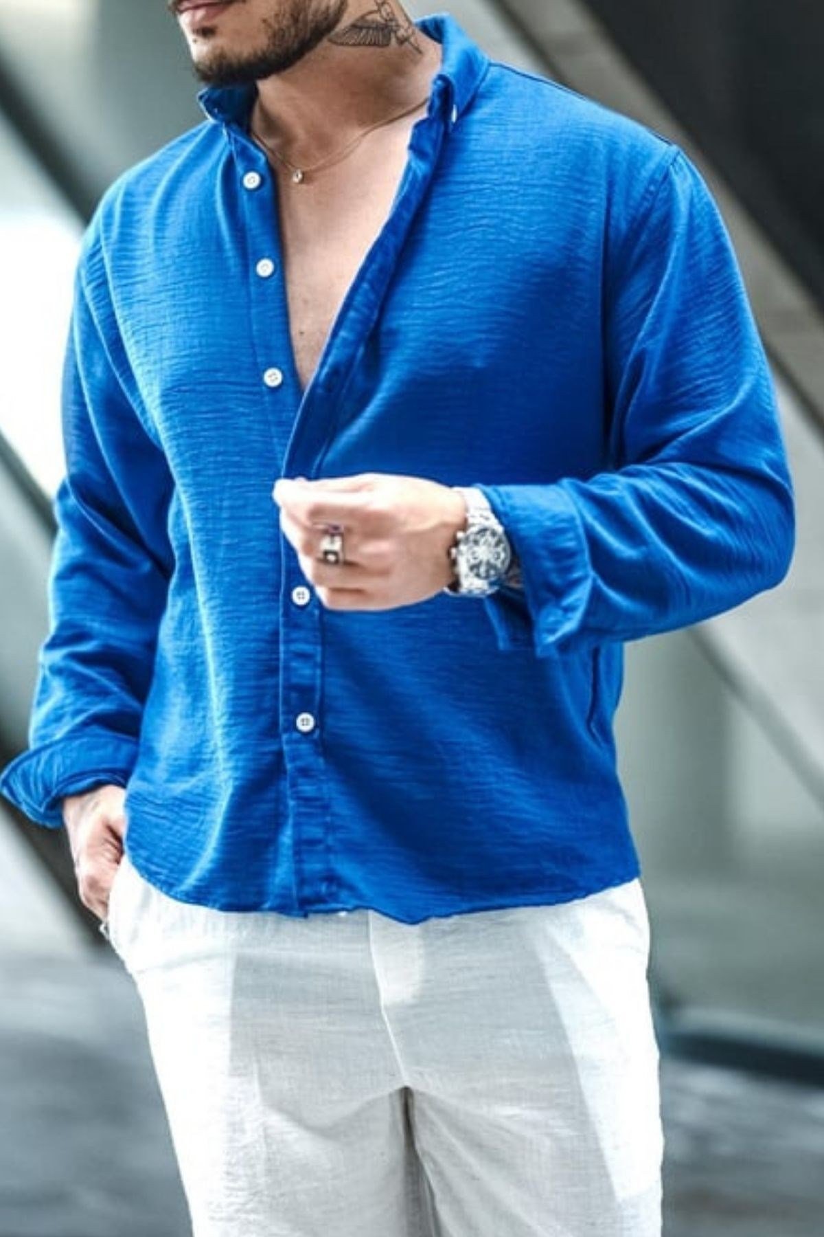 COOL TARZGömlekGMLK722211R05-1Erkek Uzun Kollu Gömlek Yaka Keten Oversize Gömlek