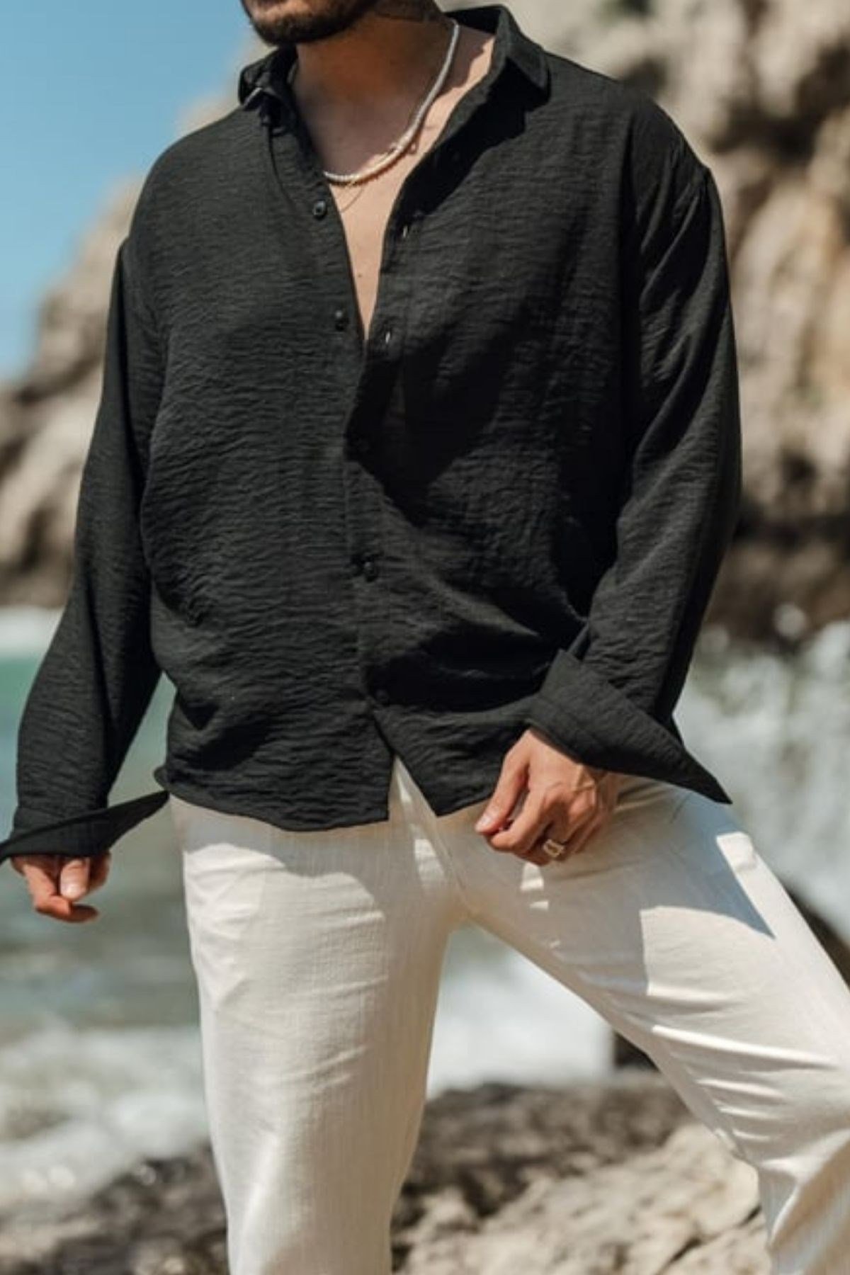 COOL TARZGömlekGMLK722211R05-1Erkek Uzun Kollu Gömlek Yaka Keten Oversize Gömlek