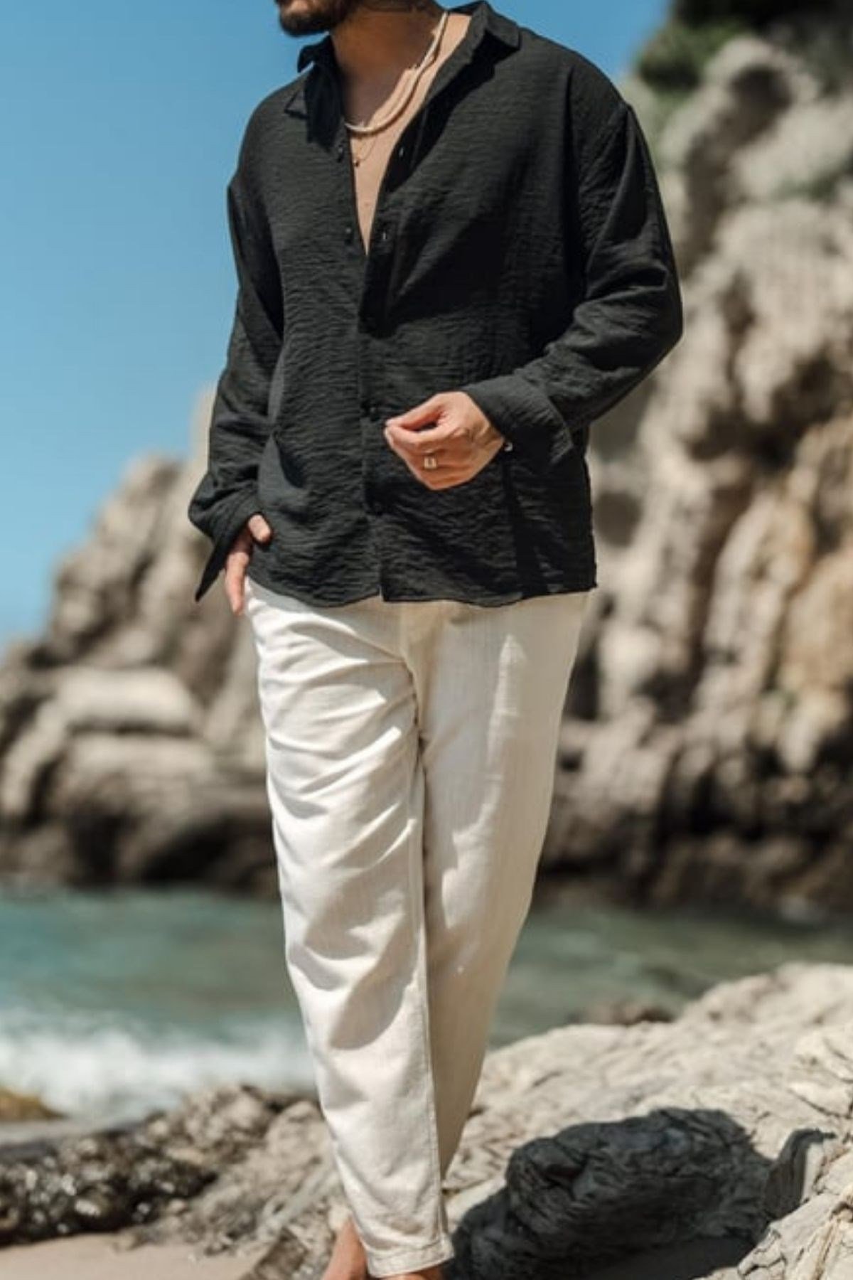 COOL TARZGömlekGMLK722211R05-1Erkek Uzun Kollu Gömlek Yaka Keten Oversize Gömlek