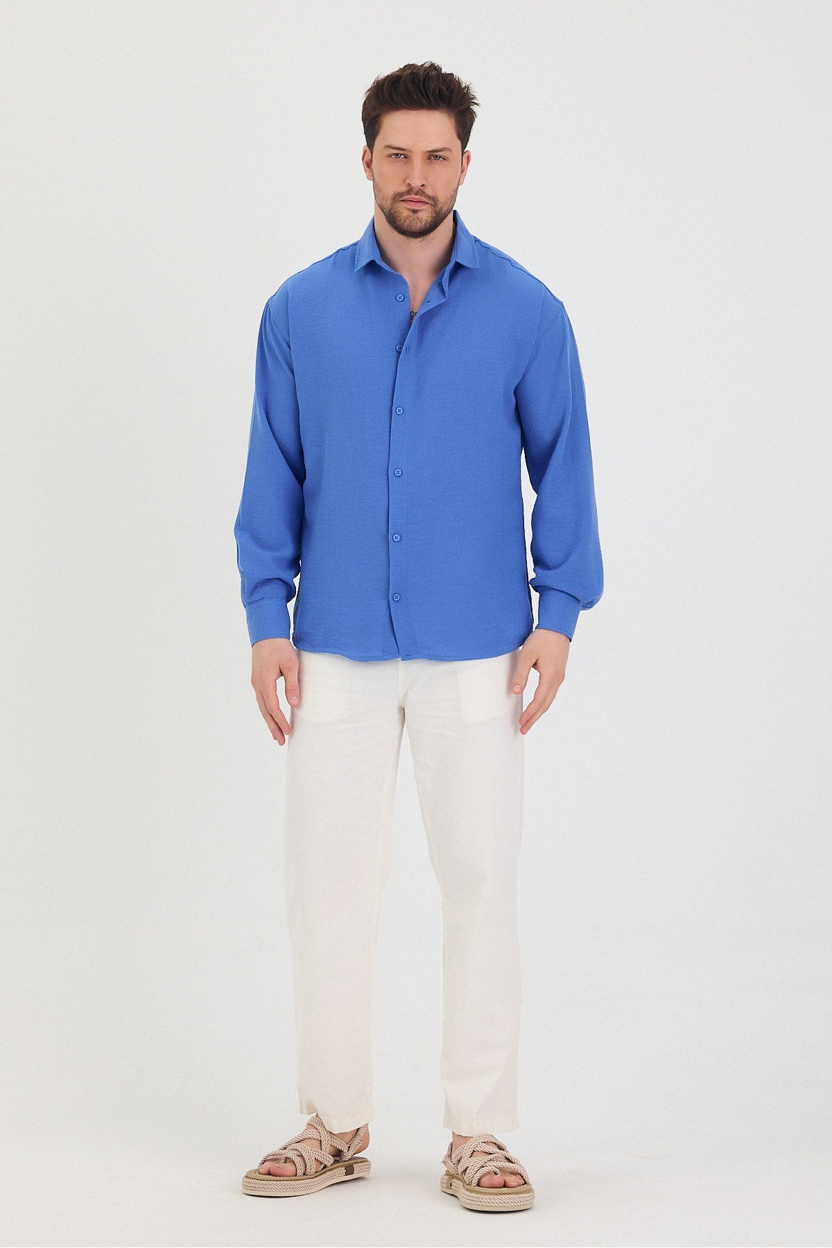 COOL TARZGömlekTSH-E-25SS-010-GÖM-M7-R212Erkek Slim Fit Dar Kalıp Uzun Kol Pamuklu Keten Efekt Gömlek