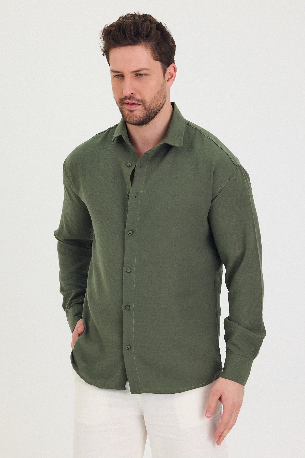 COOL TARZGömlekTSH-E-25SS-010-GÖM-M7-R212Erkek Slim Fit Dar Kalıp Uzun Kol Pamuklu Keten Efekt Gömlek