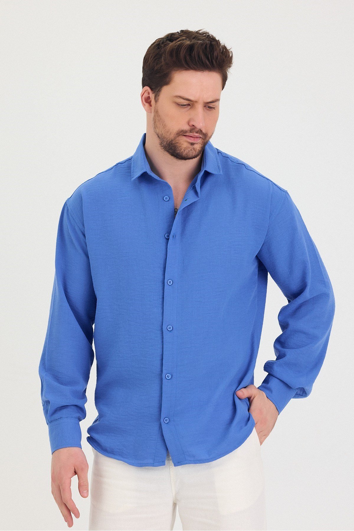 COOL TARZGömlekTSH-E-25SS-010-GÖM-M7-R212Erkek Slim Fit Dar Kalıp Uzun Kol Pamuklu Keten Efekt Gömlek