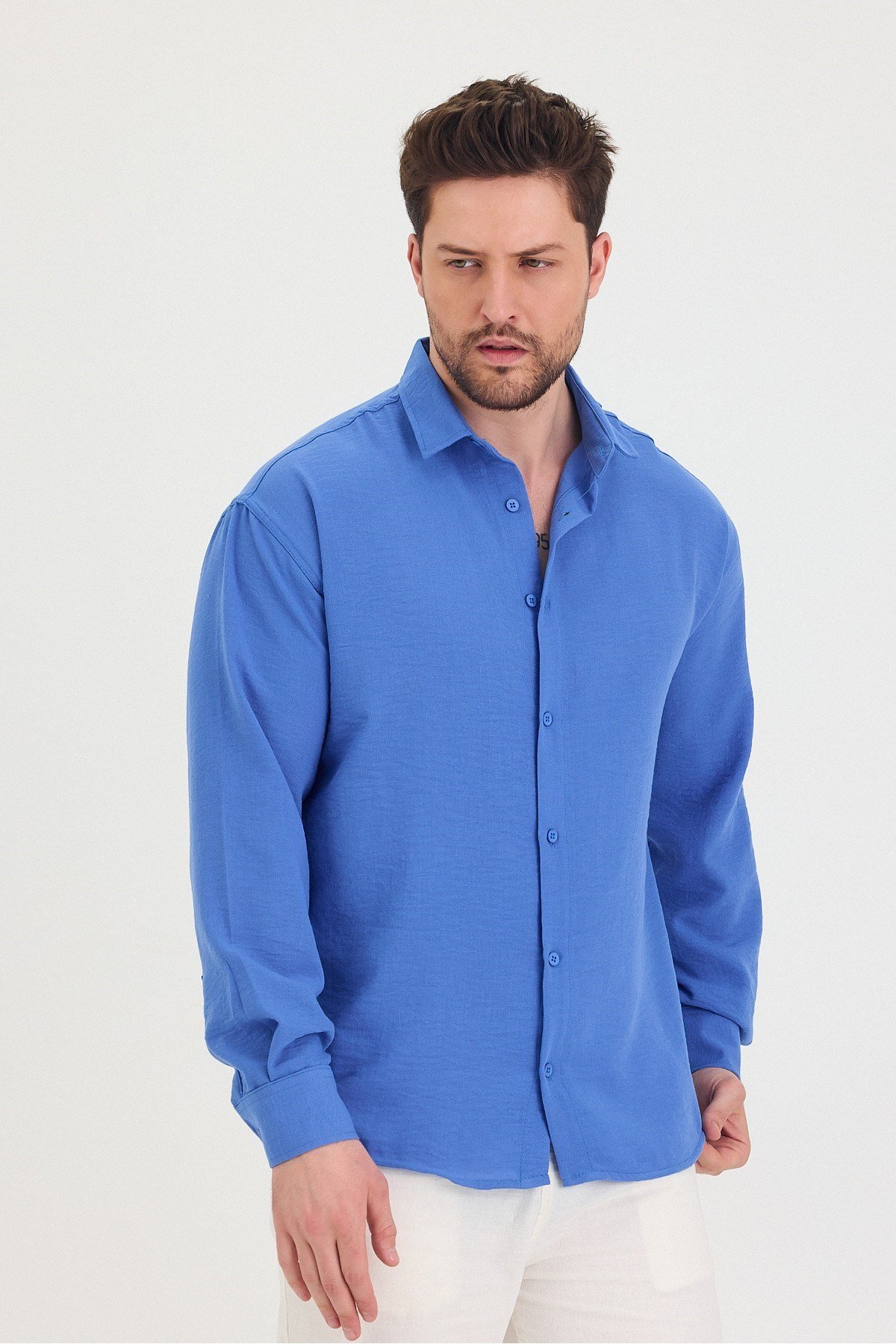COOL TARZGömlekTSH-E-25SS-010-GÖM-M7-R212Erkek Slim Fit Dar Kalıp Uzun Kol Pamuklu Keten Efekt Gömlek