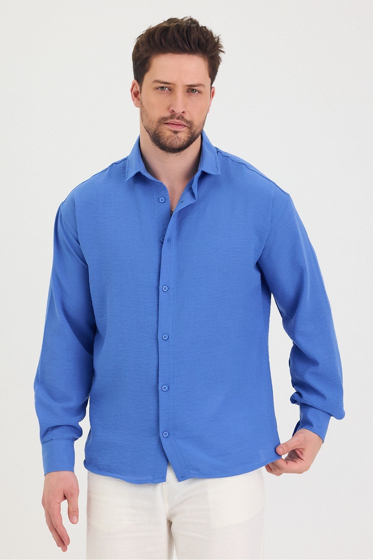 COOL TARZGömlekTSH-E-25SS-010-GÖM-M7-R212Erkek Slim Fit Dar Kalıp Uzun Kol Pamuklu Keten Efekt Gömlek
