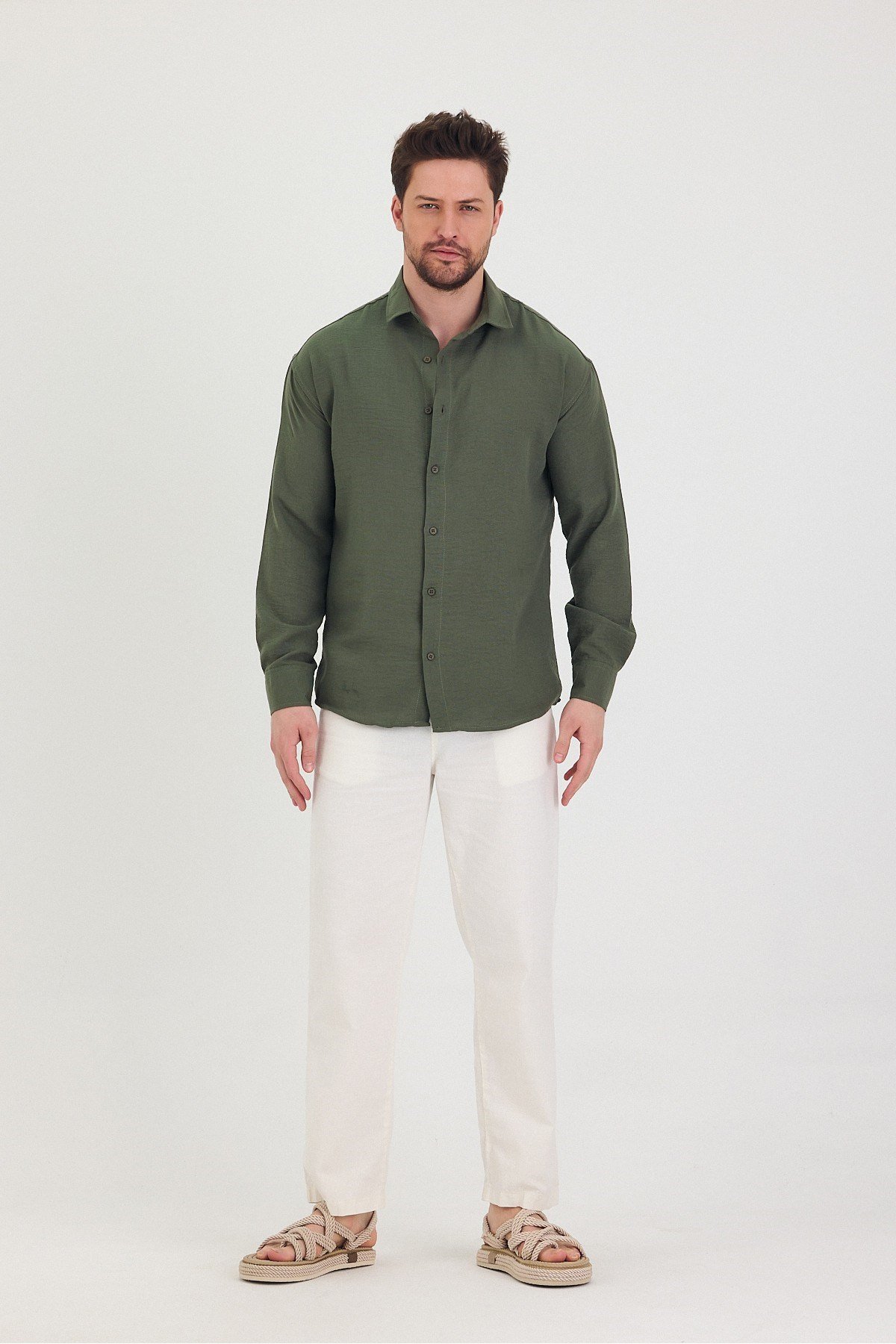 COOL TARZGömlekTSH-E-25SS-010-GÖM-M7-R212Erkek Slim Fit Dar Kalıp Uzun Kol Pamuklu Keten Efekt Gömlek