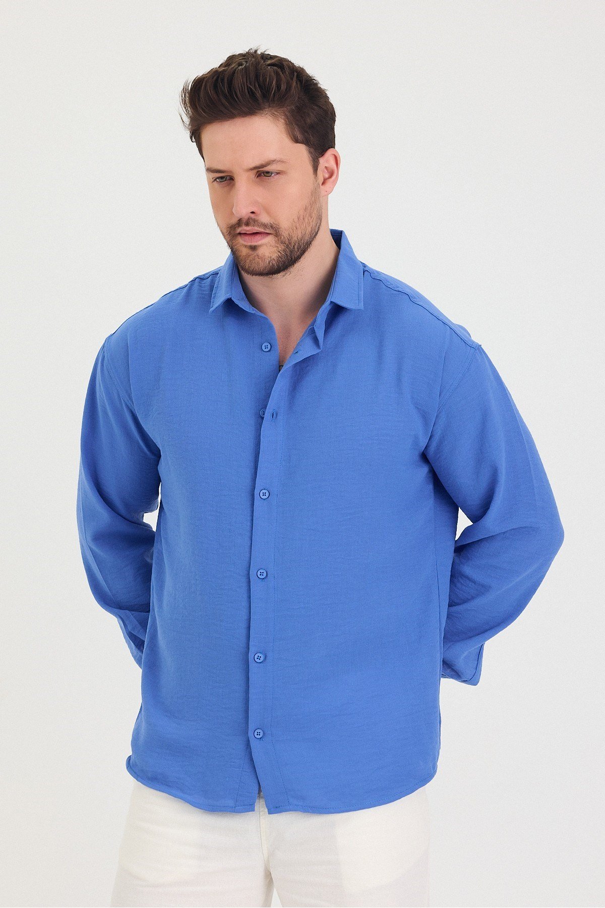 COOL TARZGömlekTSH-E-25SS-010-GÖM-M7-R212Erkek Slim Fit Dar Kalıp Uzun Kol Pamuklu Keten Efekt Gömlek