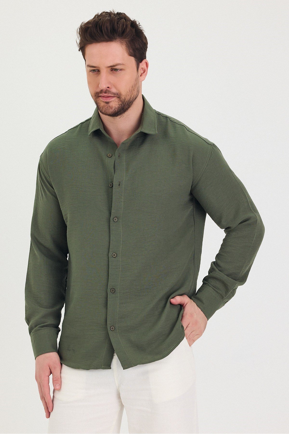 COOL TARZGömlekTSH-E-25SS-010-GÖM-M7-R212Erkek Slim Fit Dar Kalıp Uzun Kol Pamuklu Keten Efekt Gömlek