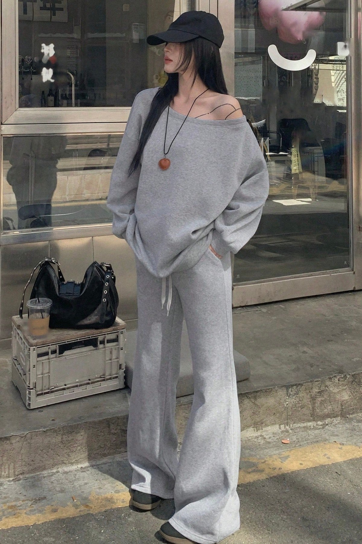 Tarz CoolAlt - Üst TakımEŞFTKMKDN01-GRİ-MKadın Düşük Omuz Yumuşak Basic Sweat Eşofman Takımı