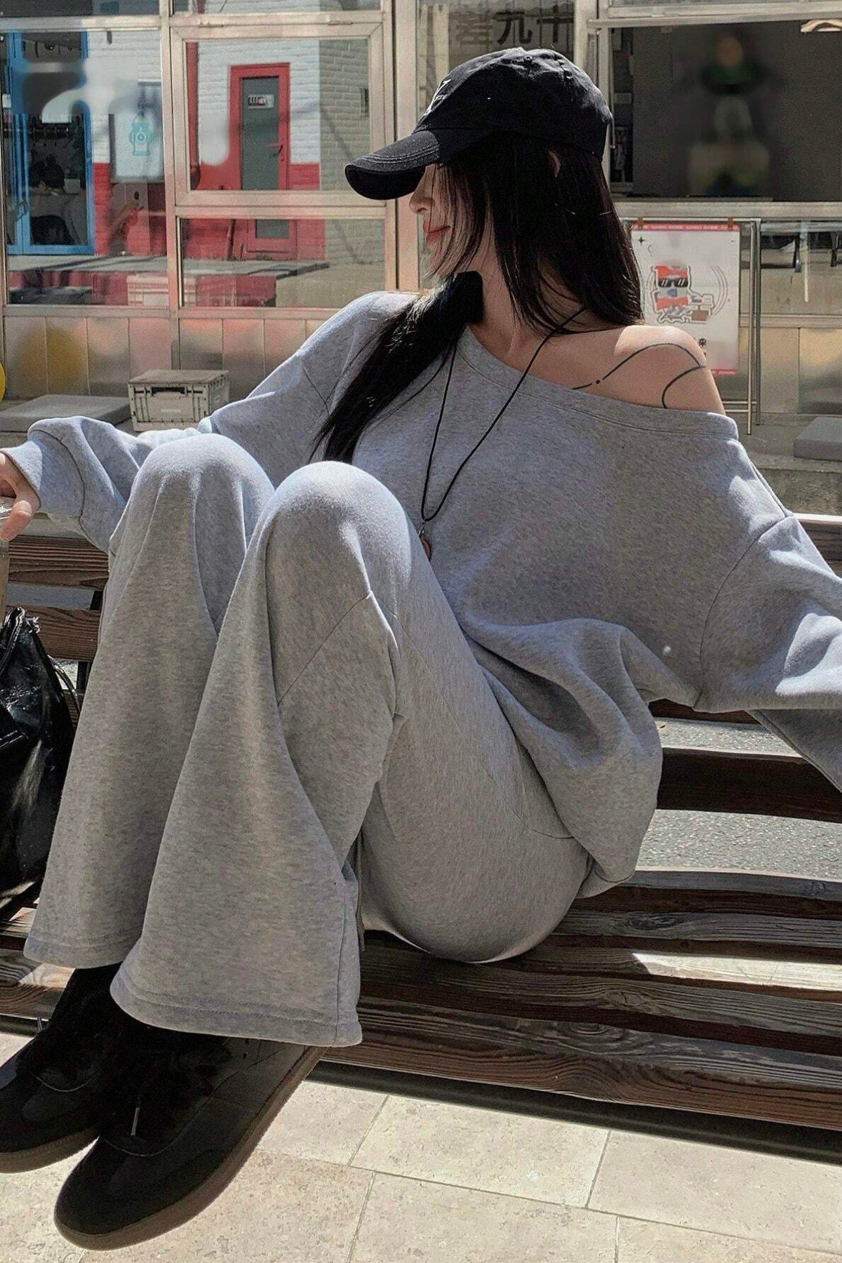 Tarz CoolAlt - Üst TakımEŞFTKMKDN01-GRİ-MKadın Düşük Omuz Yumuşak Basic Sweat Eşofman Takımı