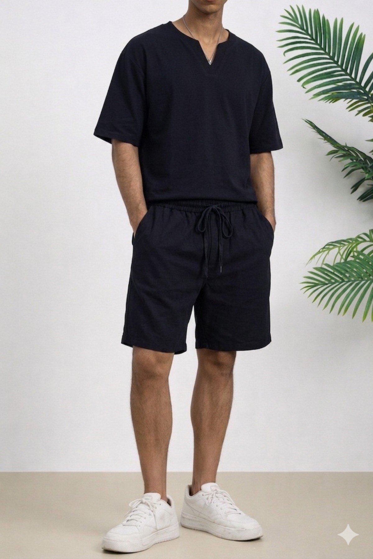 Tarz CoolAlt - Üst TakımTC-OVR-STR-001-Haki-LErkek Oversize Şort Takım V Yaka Yırtmaçlı Tişört Rahat Kesim Yazlık Takım